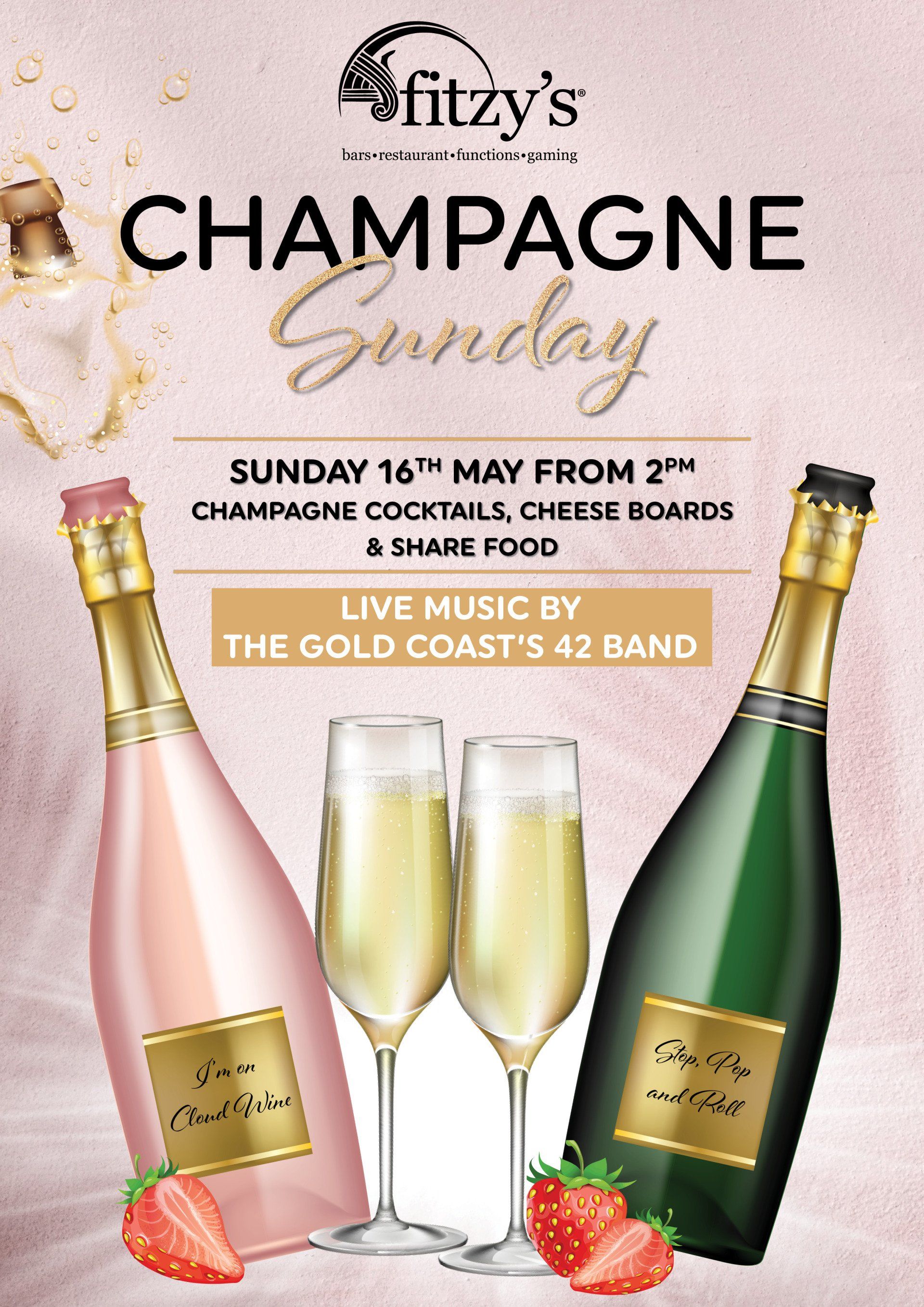 A poster for champagne sunday at fitzy 's