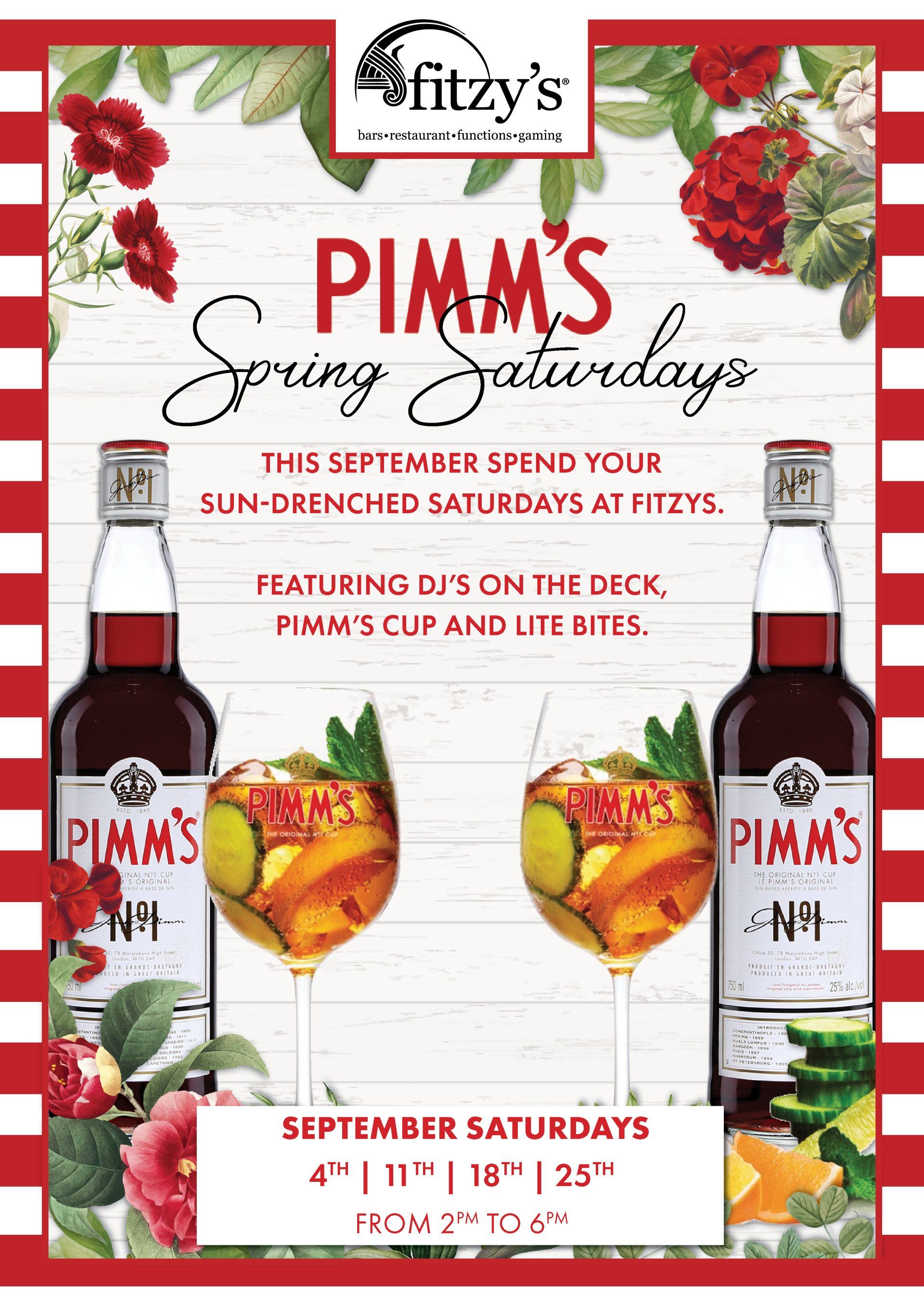 A poster for pimm 's spring saturdays with two bottles of wine and two glasses of wine.