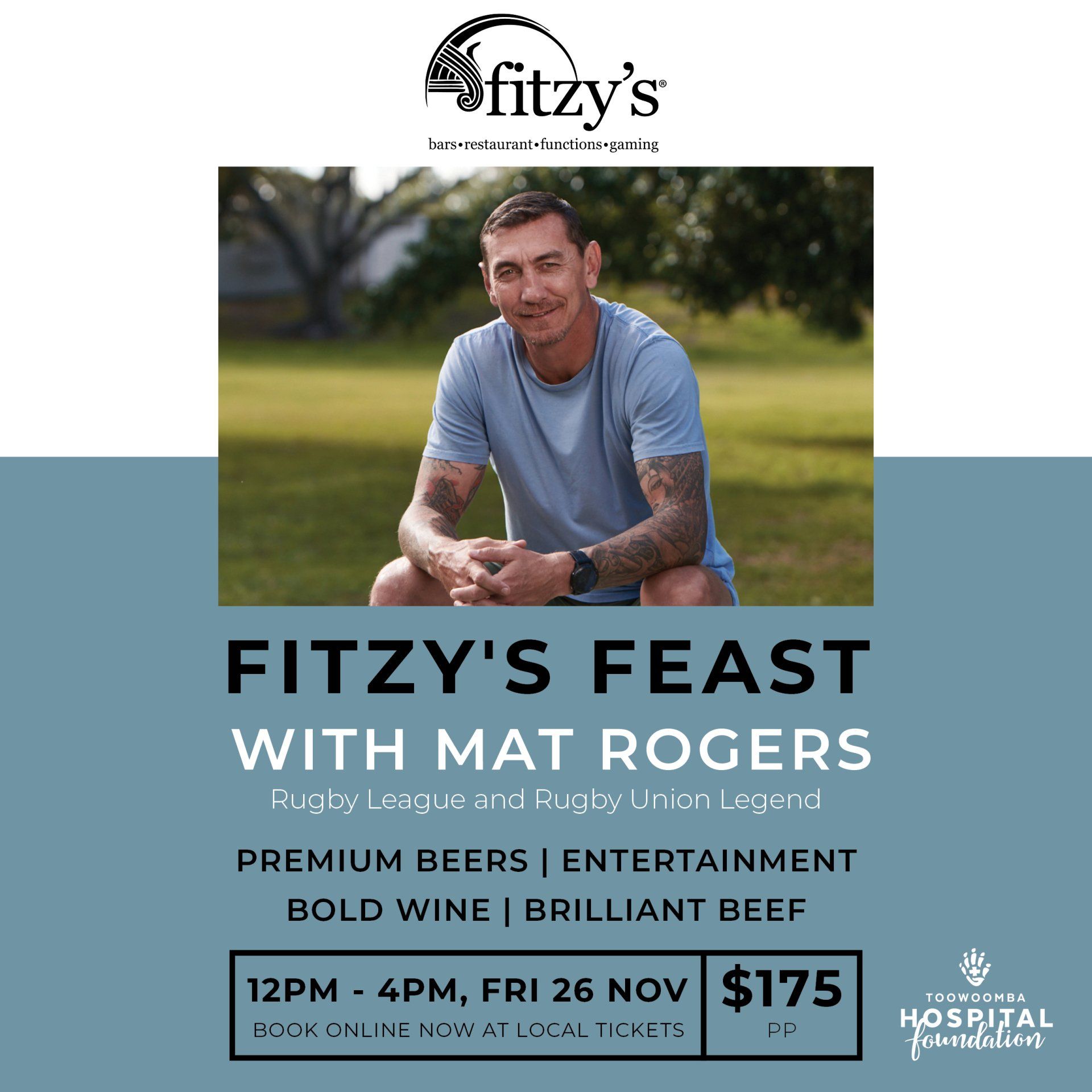 A poster for fitzy 's feast with mat rogers