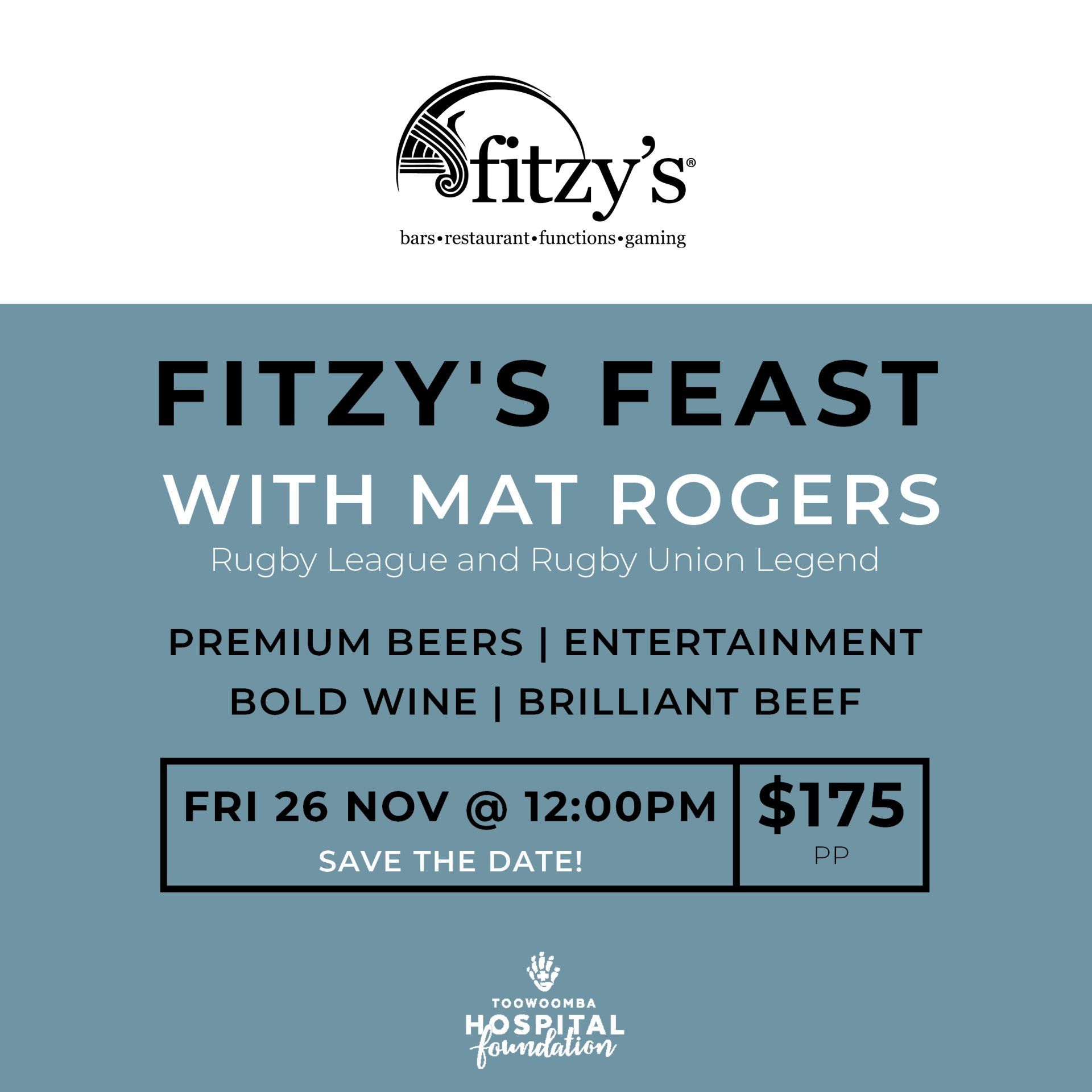 An advertisement for fitzy 's feast with mat rogers