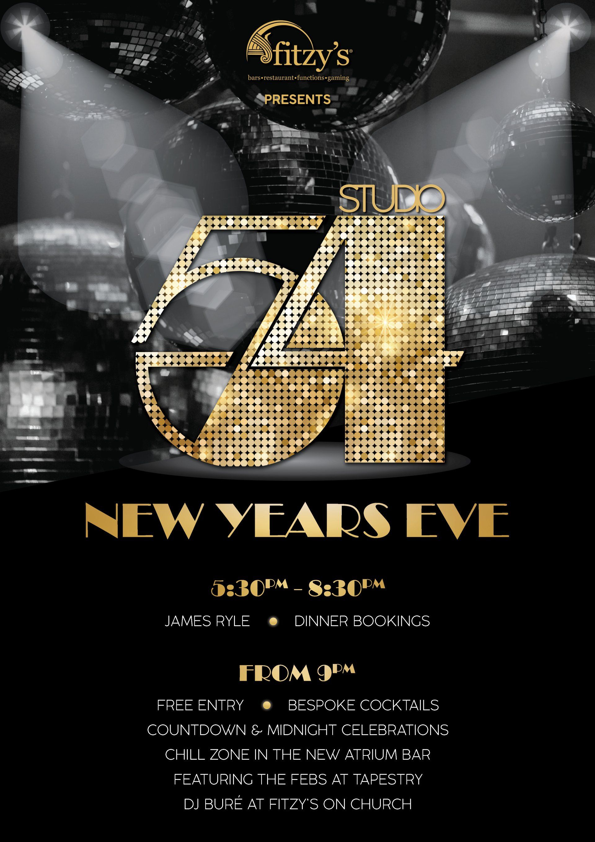 A poster for a new years eve party with a disco ball in the background.