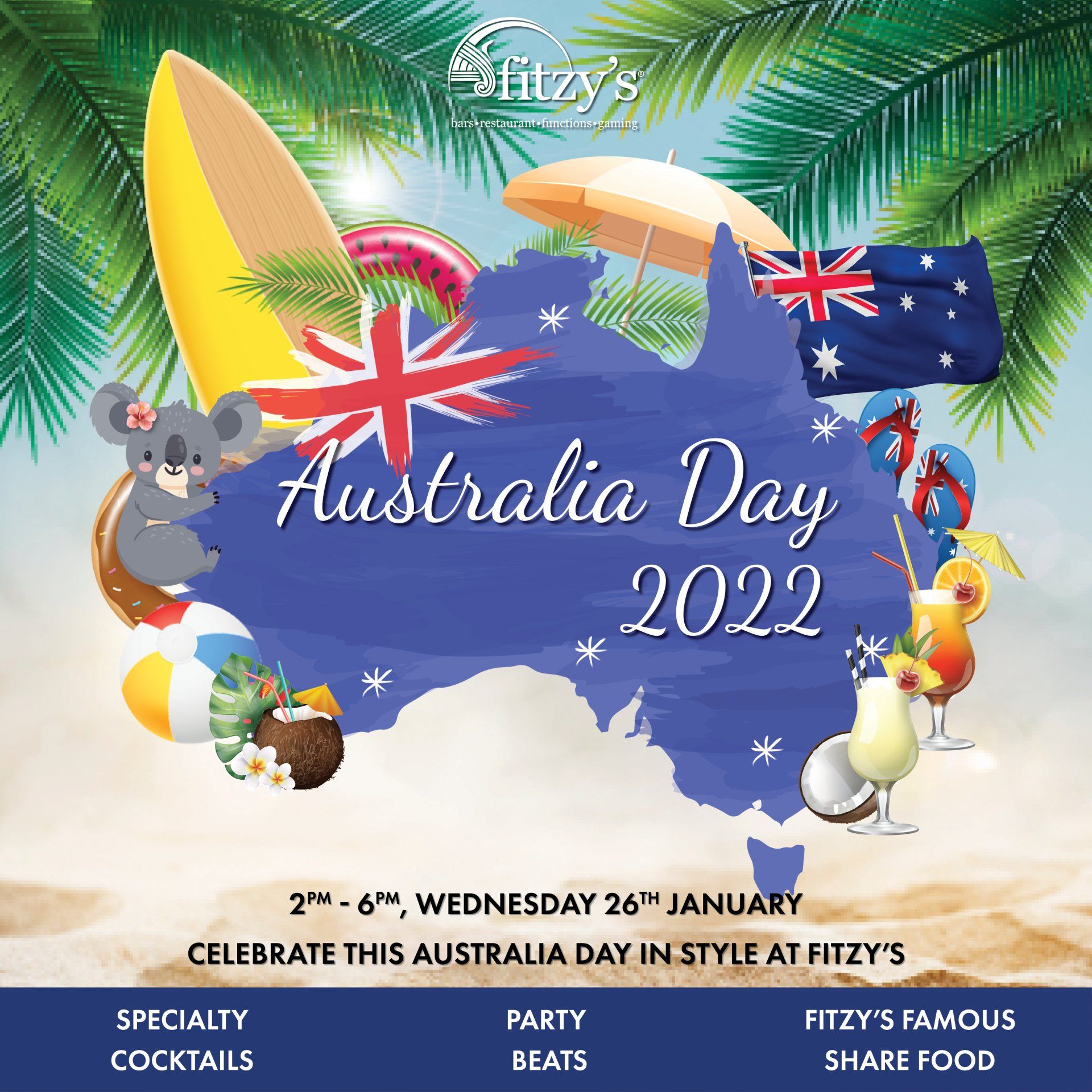 A poster for australia day in style at fitzy 's