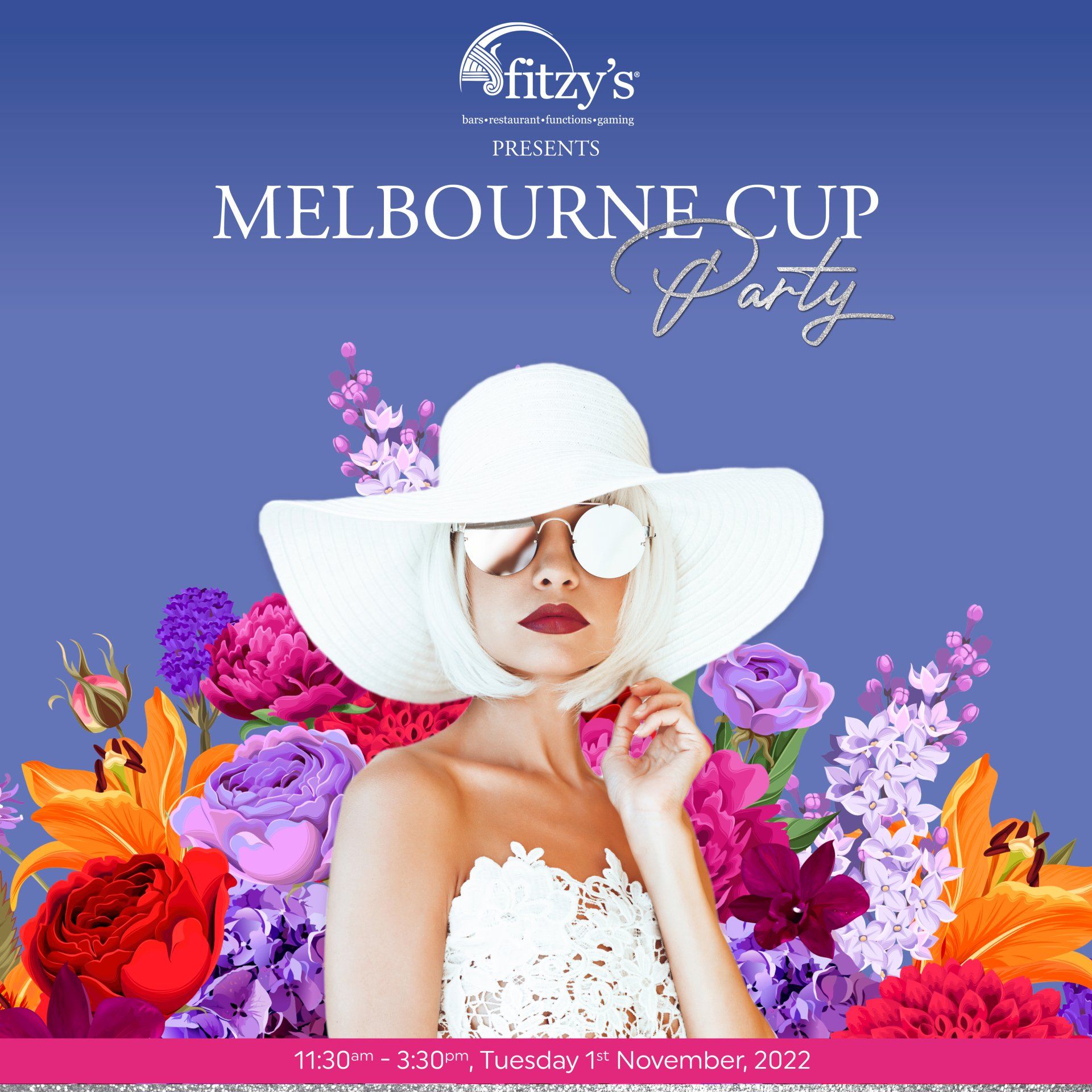 A woman wearing a white hat and sunglasses is standing in front of flowers.