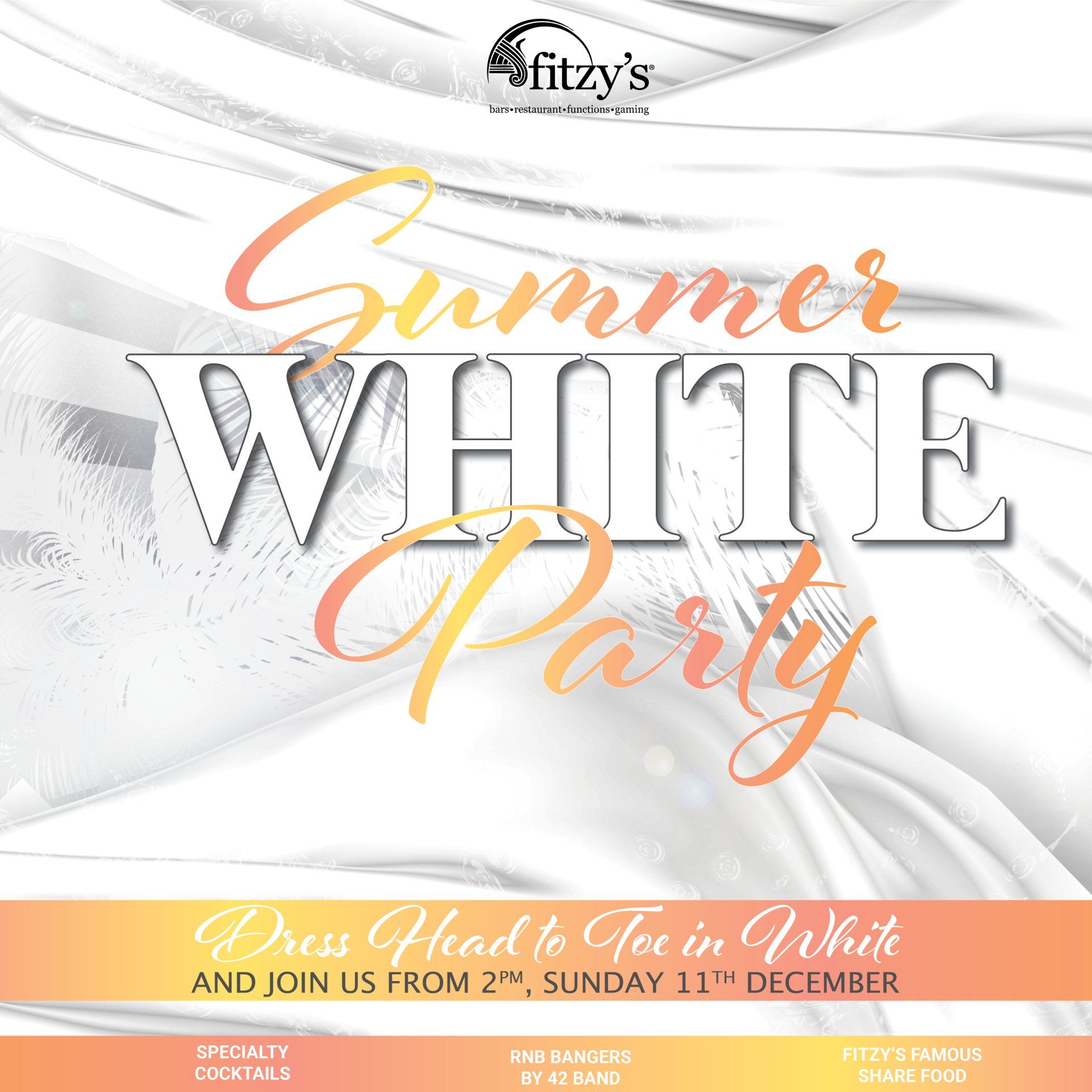 A poster for a summer white party at fitzy 's