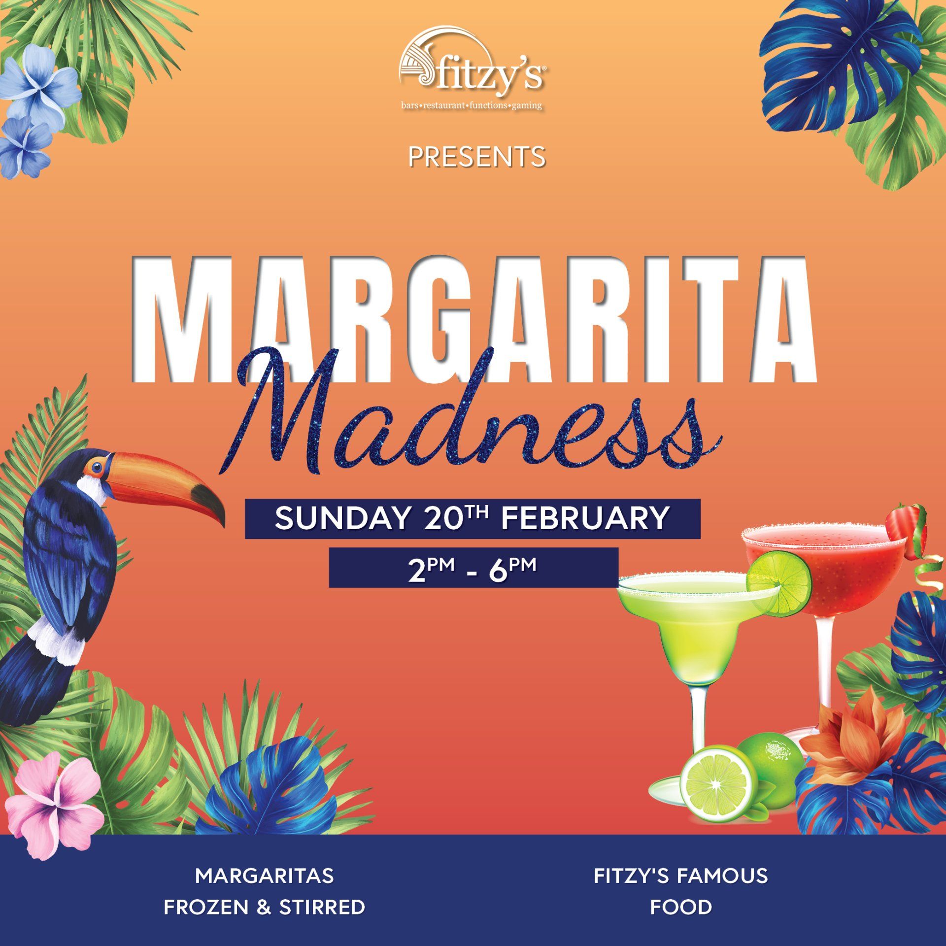 A poster for margarita madness on sunday february 20th