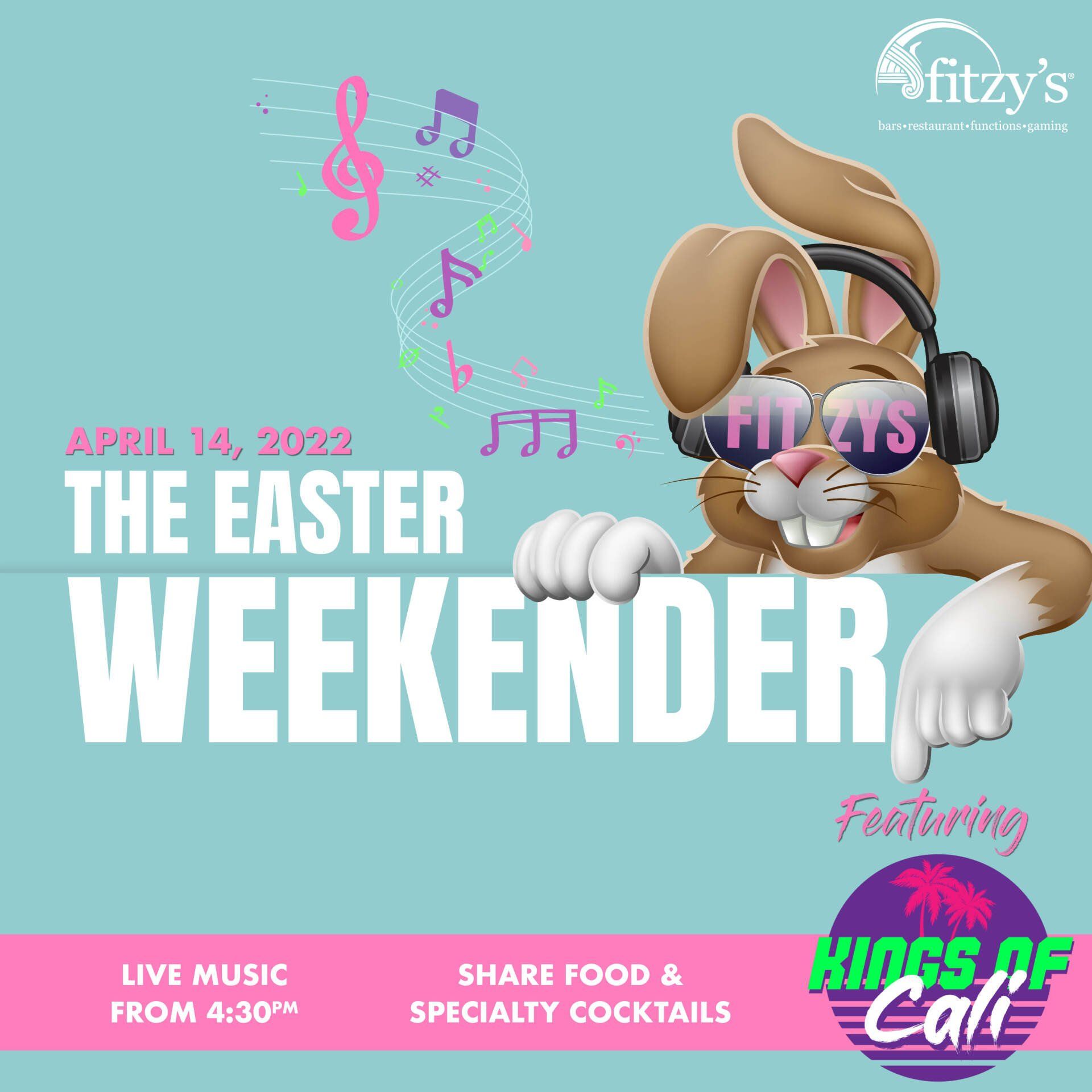 A poster for the easter weekender with a bunny wearing headphones and sunglasses.