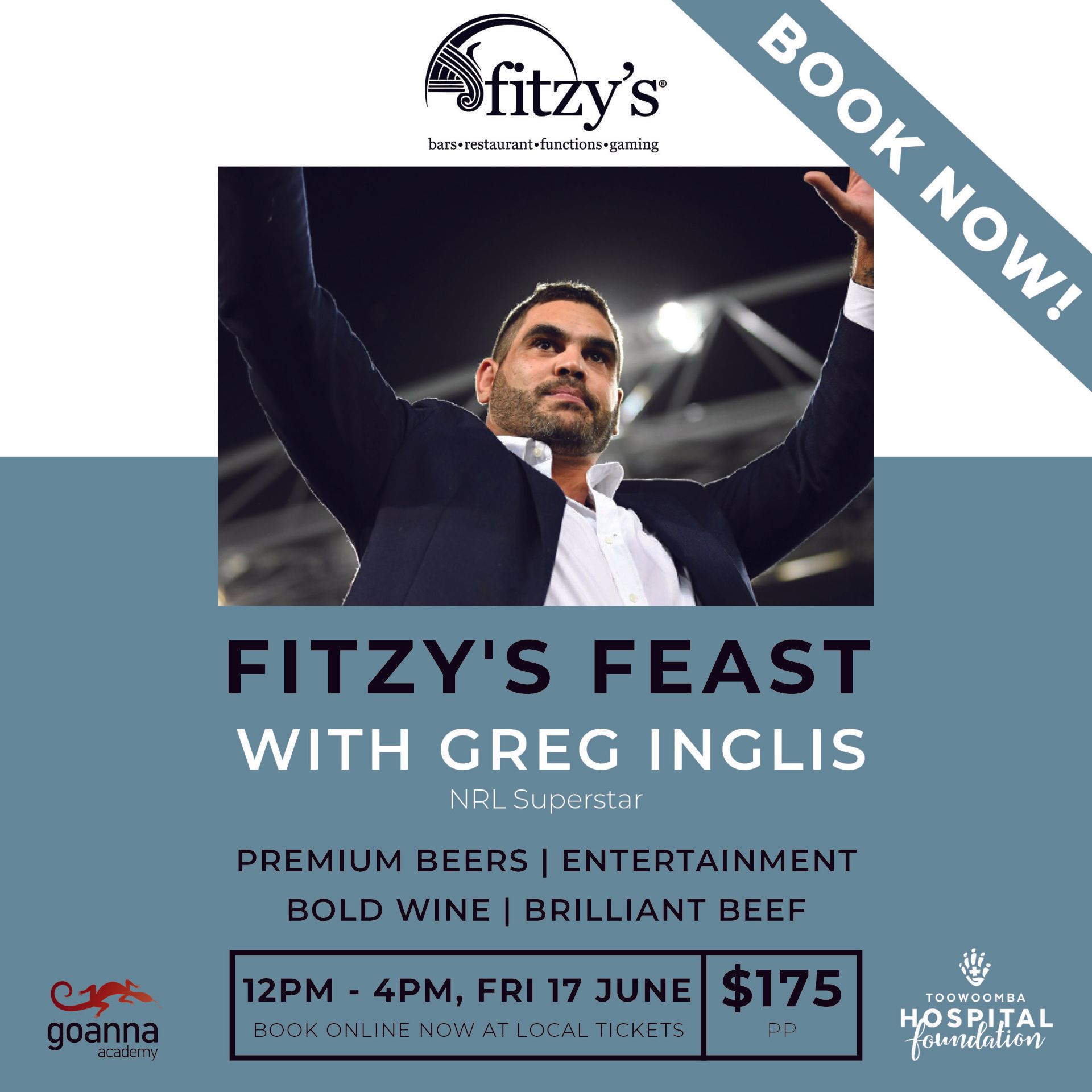 An advertisement for fitzy 's feast with greg inglis
