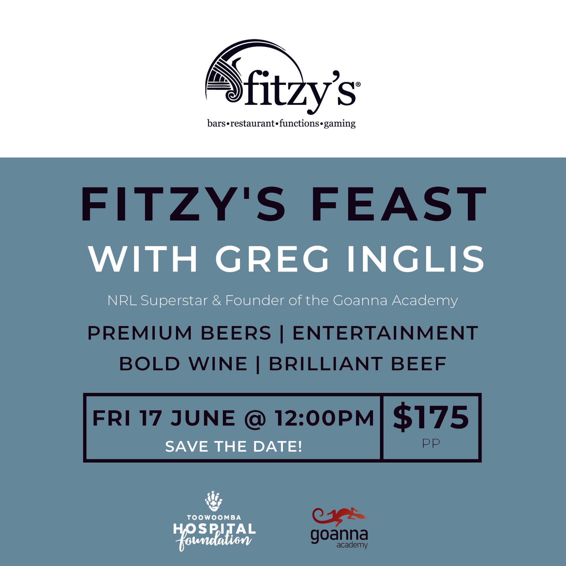 An advertisement for fitzy 's feast with greg inglis