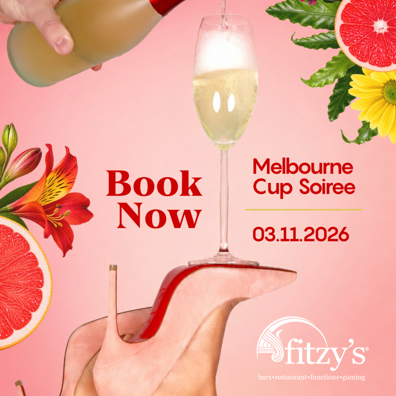 Pink cocktail-themed ad with champagne glass, grapefruit, flowers, and “Book Now” for Melbourne Cup Soiree on 03.11.2026