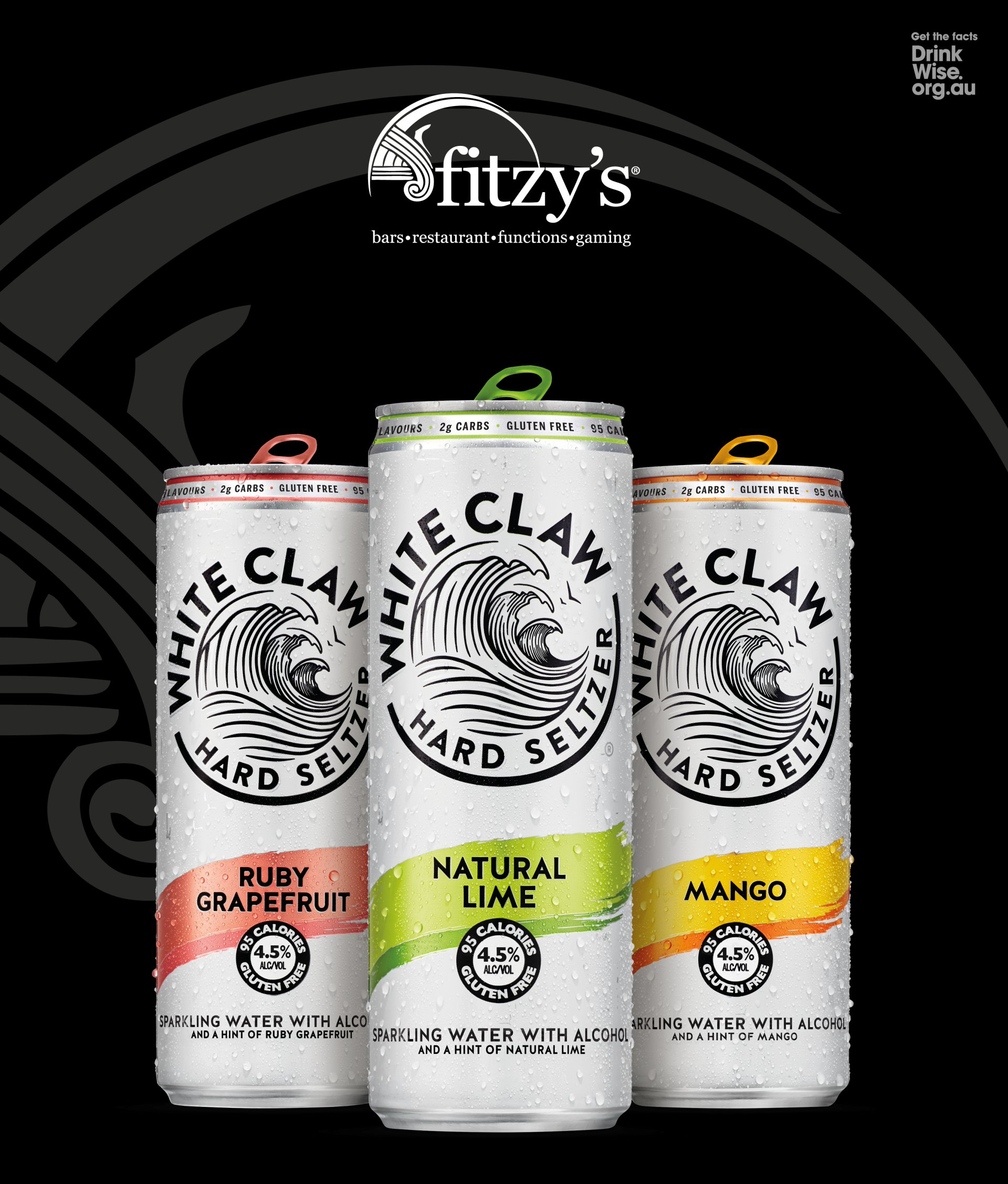 Three cans of white claw hard seltzer are sitting next to each other on a black background.