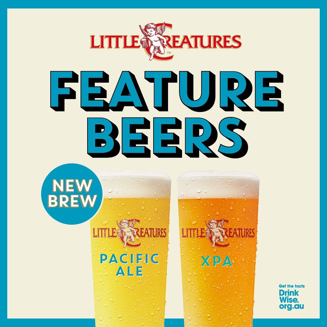 Two glasses of beer are on a poster that says feature beers