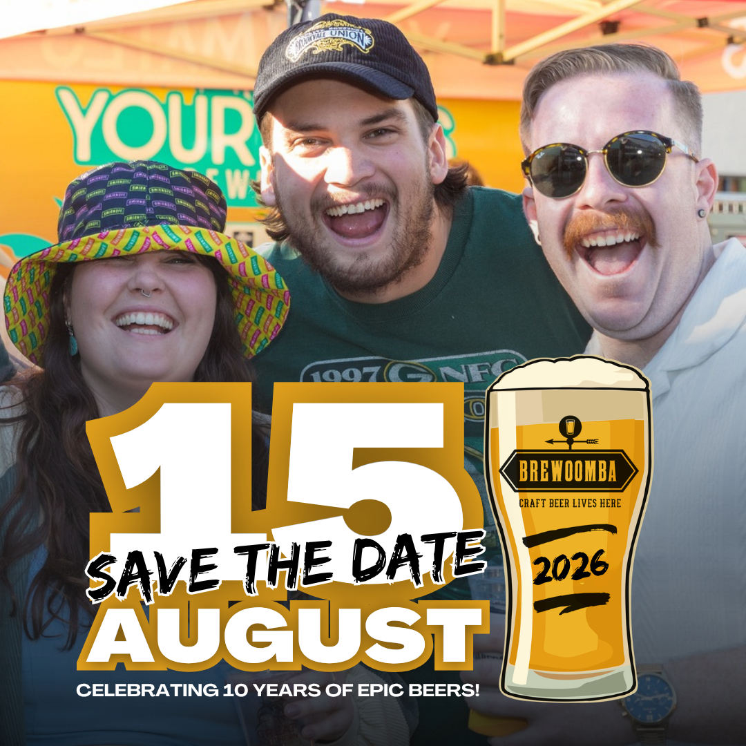 Woman cheering at festival with “Save the Date” August 15 and beer glass, promoting Beer Fest 2026