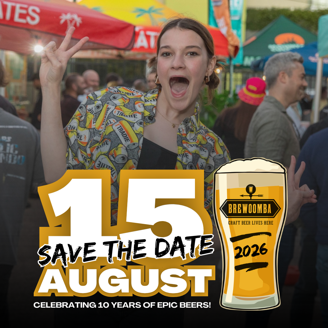 Festival poster with excited person, “Save the Date” August 15, and a Brimstone Ale glass marked 2026