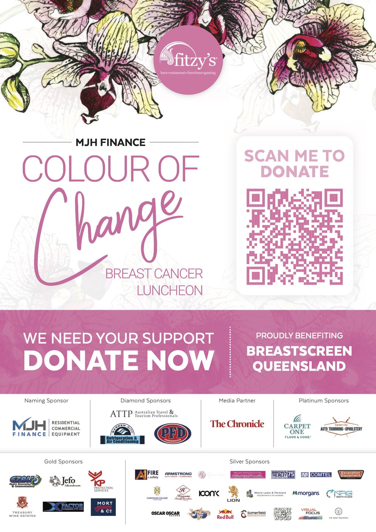 A pink poster with a qr code on it.
