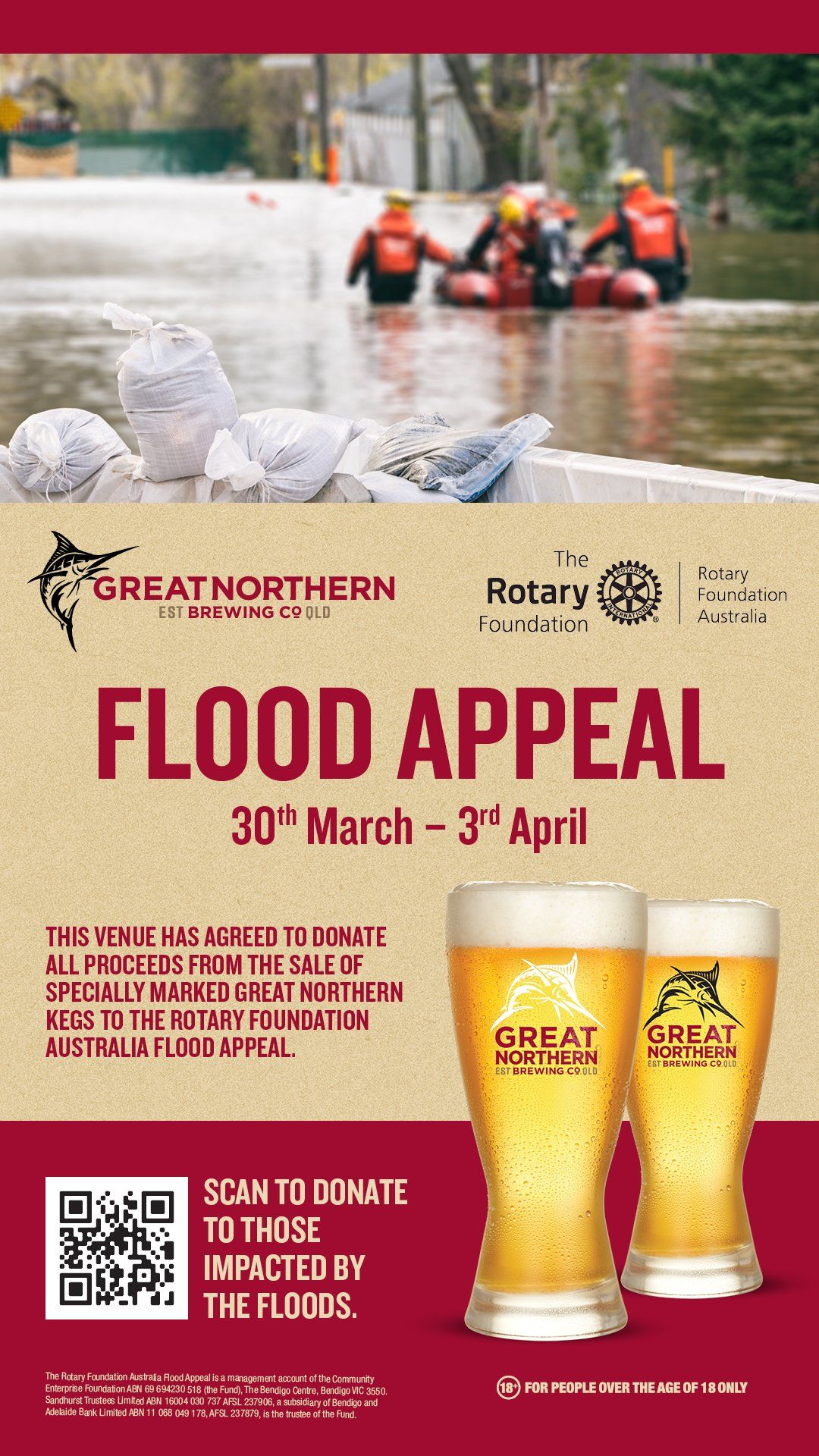 A poster for a flood appeal with two beer glasses on it.