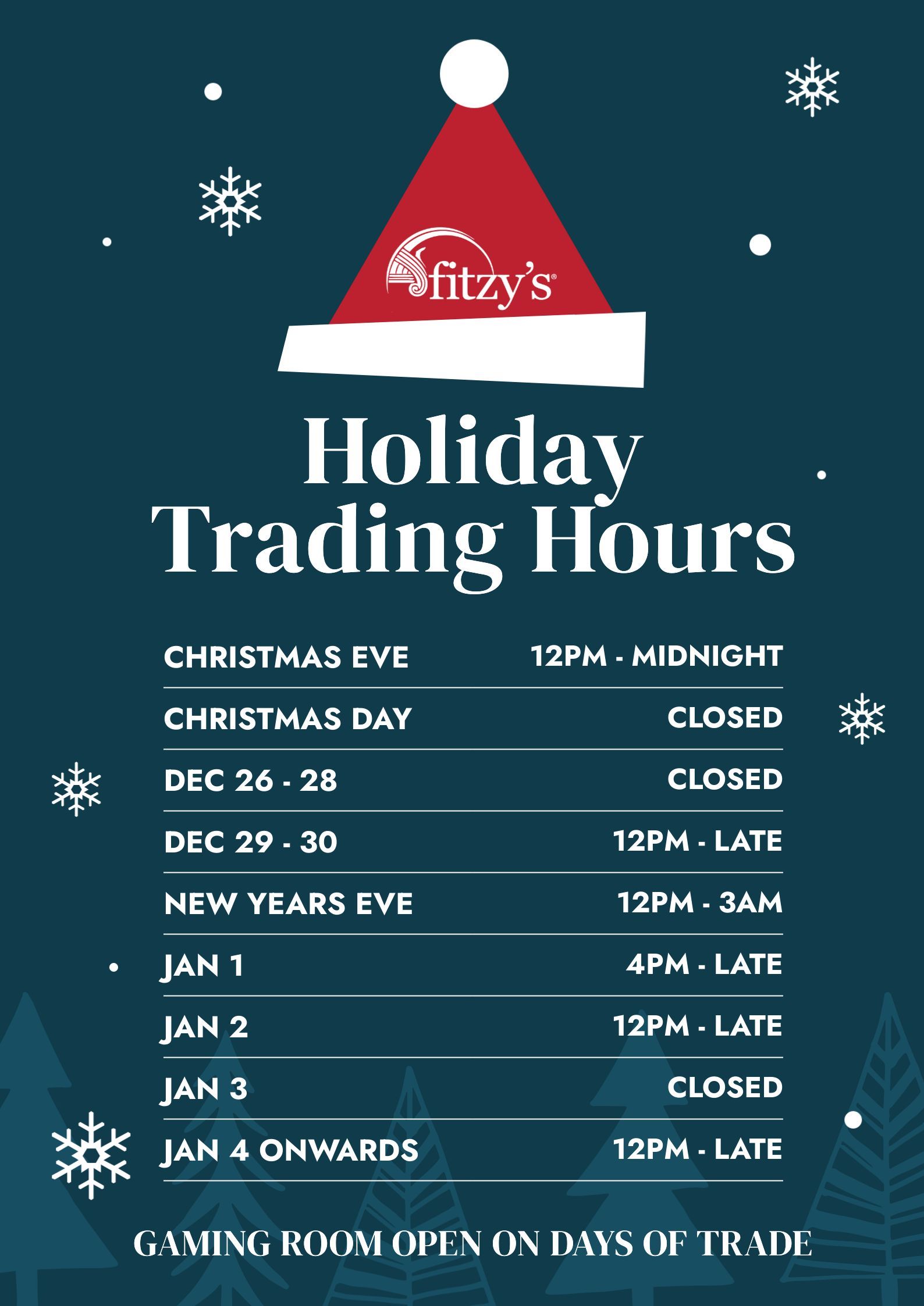 A poster that says ' holiday trading hours ' on it
