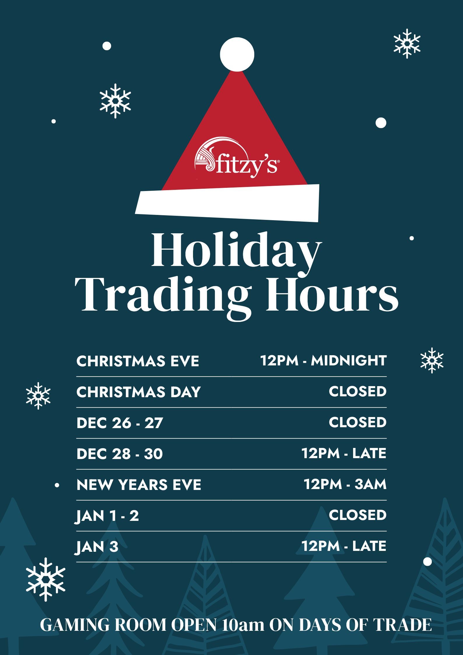 A poster advertising libby 's holiday trading hours