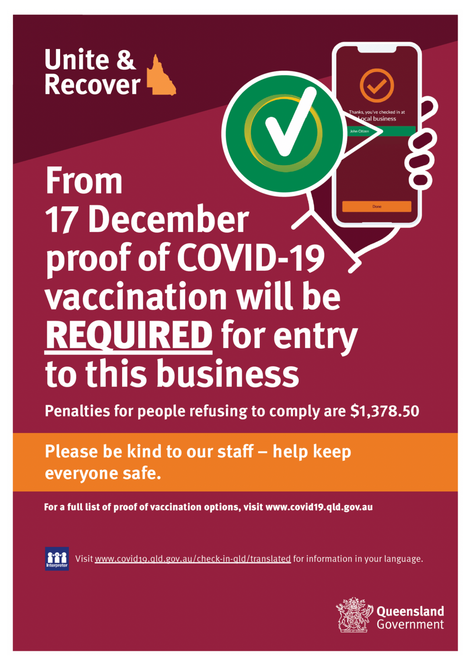 A poster that says `` from 17 december proof of covid-19 vaccination will be required for entry to this business ''.