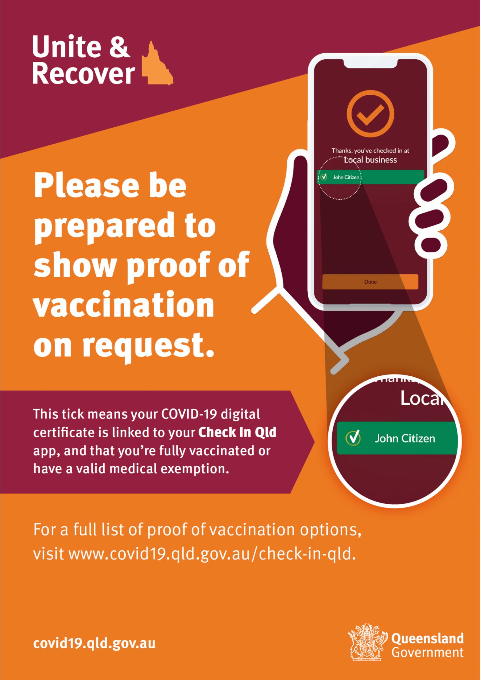 A poster asking people to be prepared to show proof of vaccination on request.