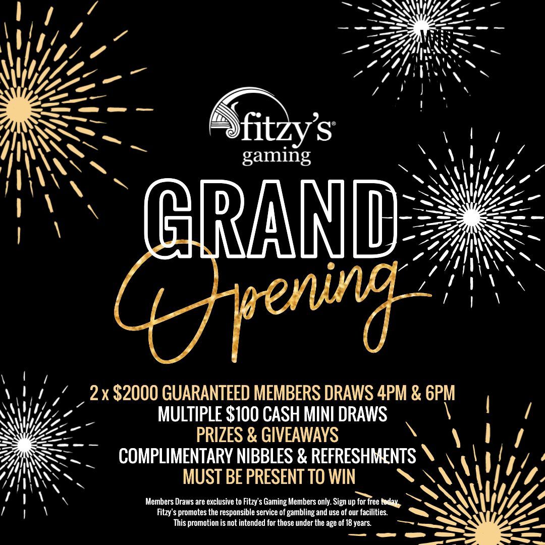 A poster for a grand opening of fitzy 's gaming