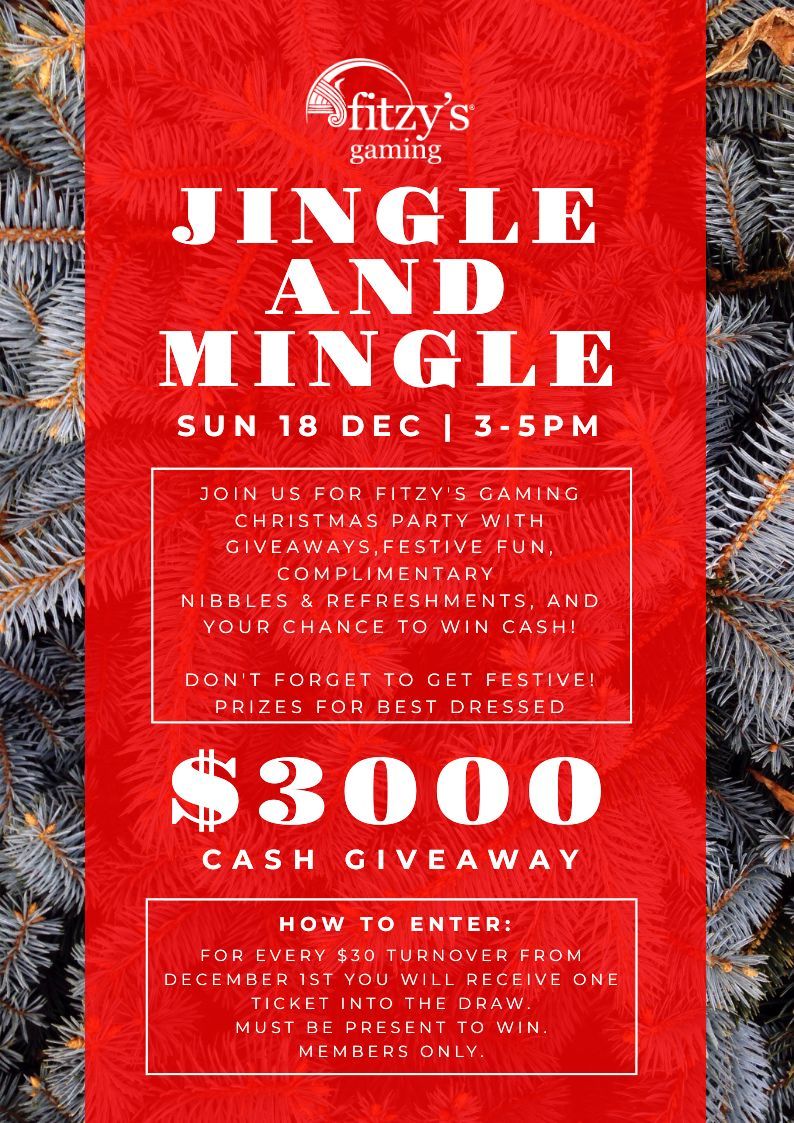 A red poster for a christmas event called jingle and mingle