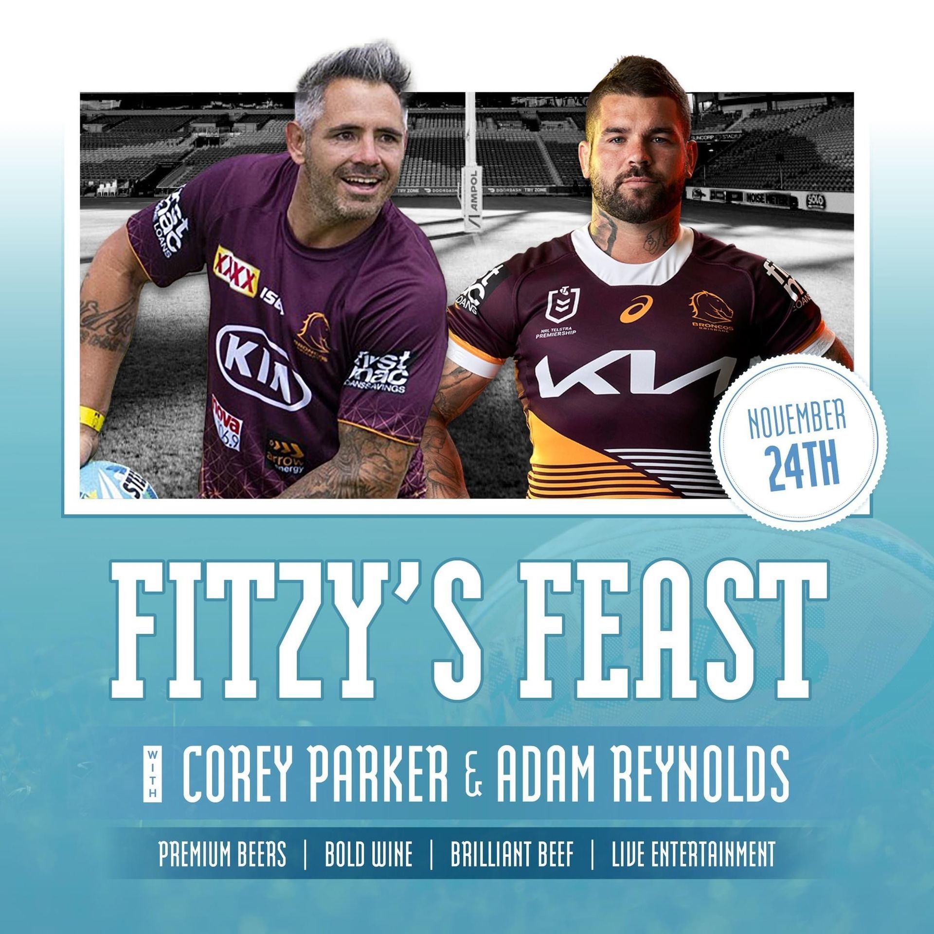 A poster for fitzy 's feast featuring corey parker and adam reynolds