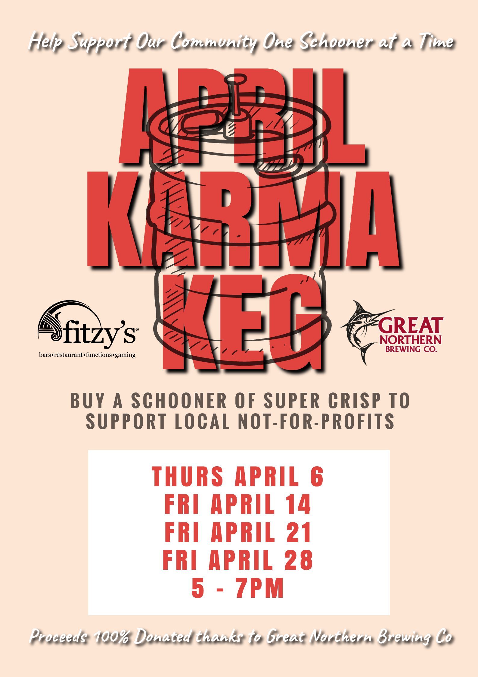 A poster for april karma keg which takes place on april 6