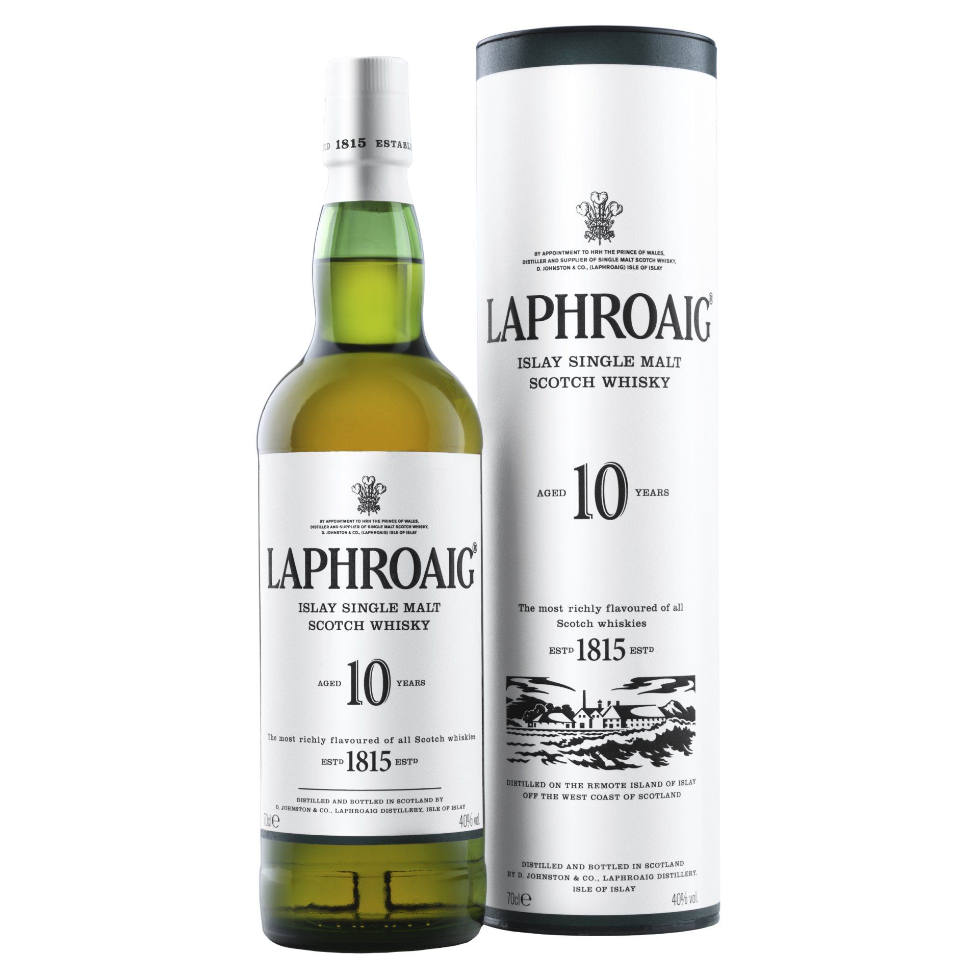 A bottle of laphroaig 10 scotch whisky next to its box