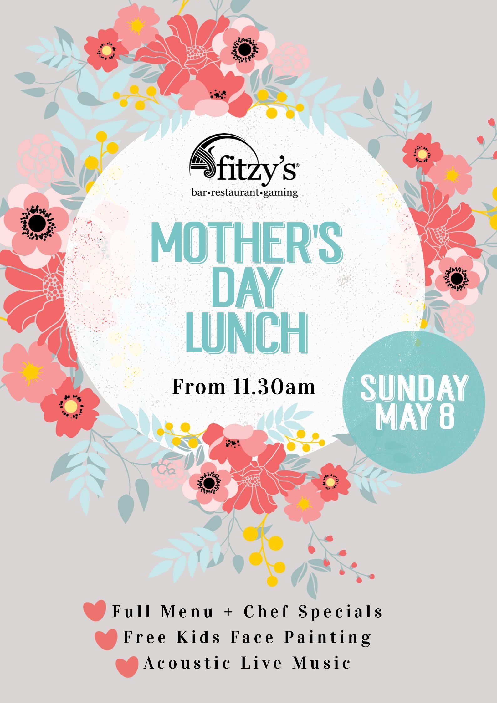A poster for a mother 's day lunch on sunday may 8