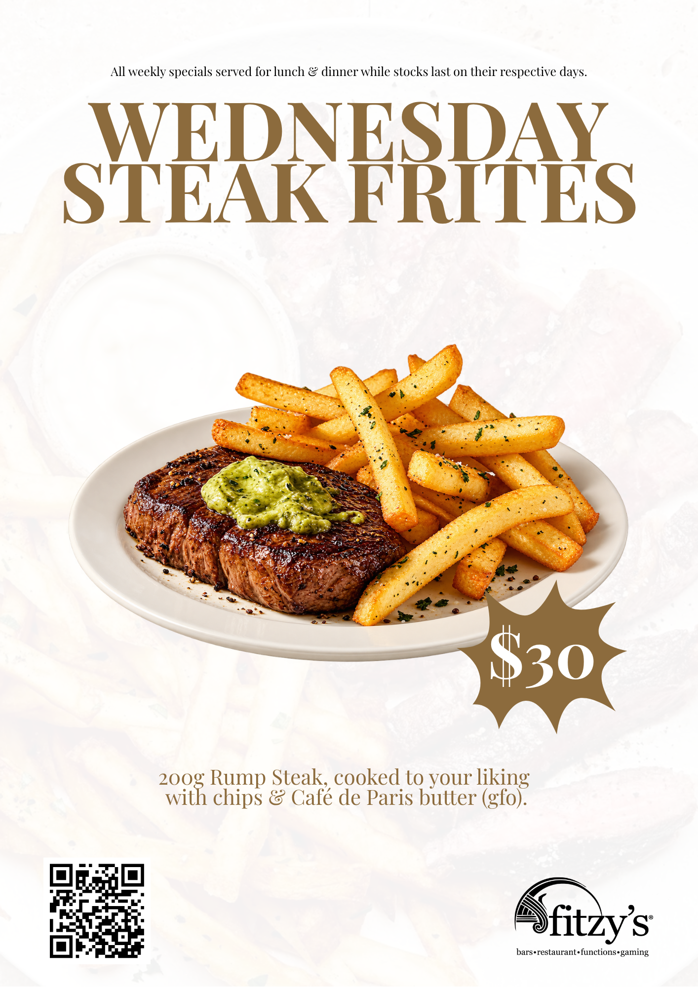 Wednesday steak frites poster with steak, fries, and price $34 on a white background