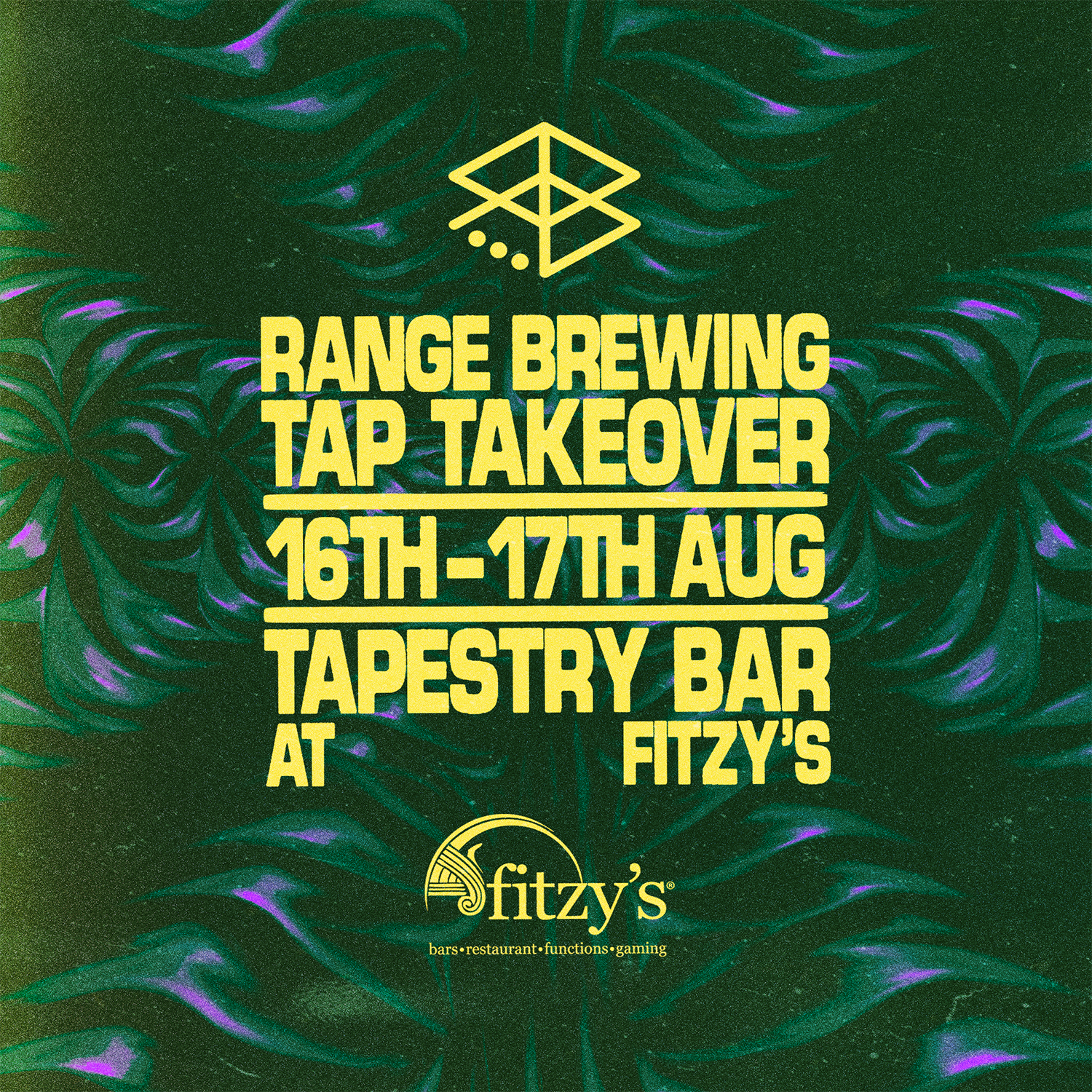 An advertisement for range brewing tap takeover at fitzy 's tapestry bar