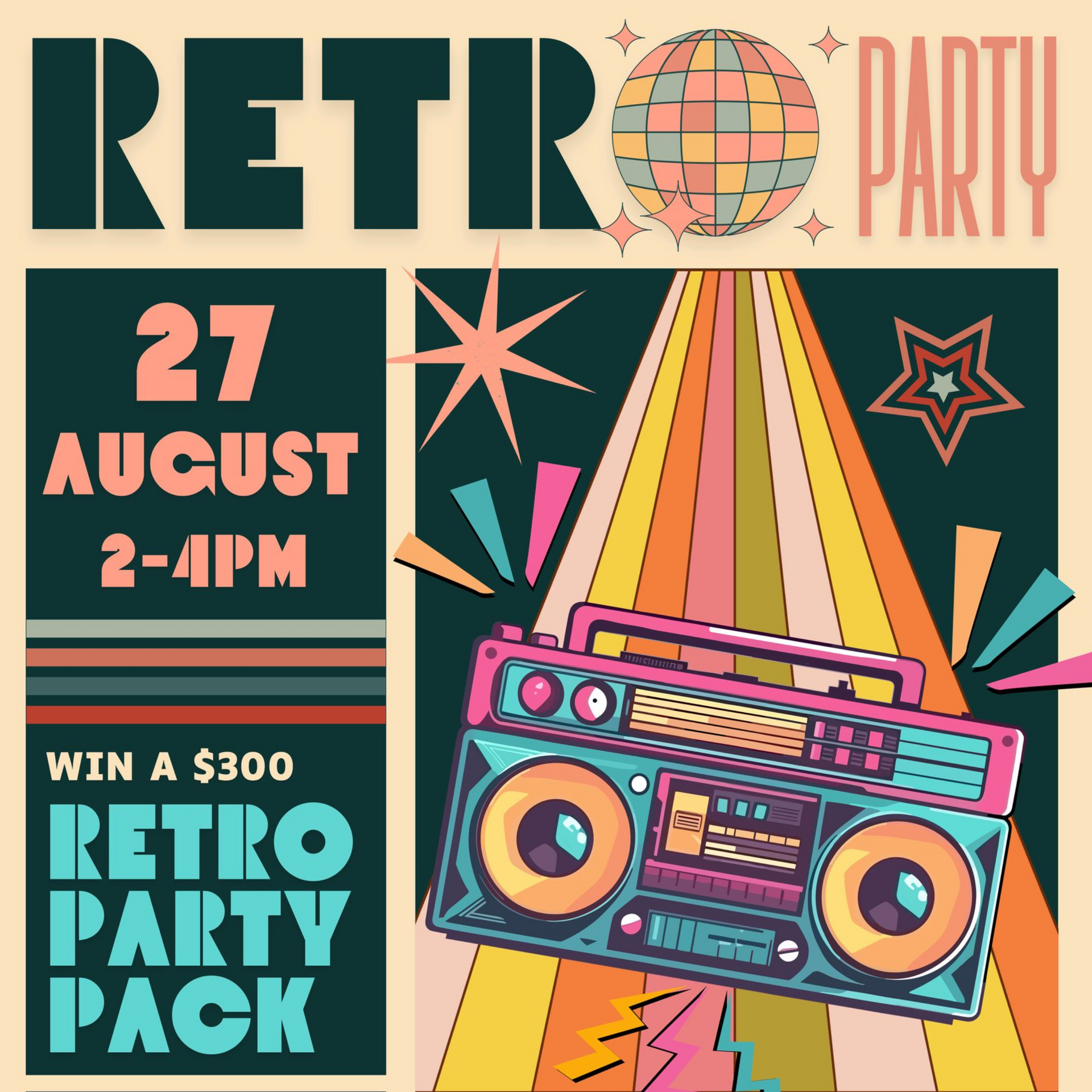 Retro party poster with neon boombox, geometric shapes, and text: Aug 27, 2–4 PM, win a $300 retro party pack
