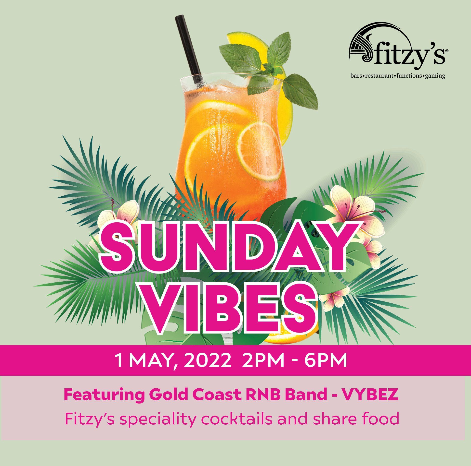 A poster for sunday vibes featuring gold coast rnb band
