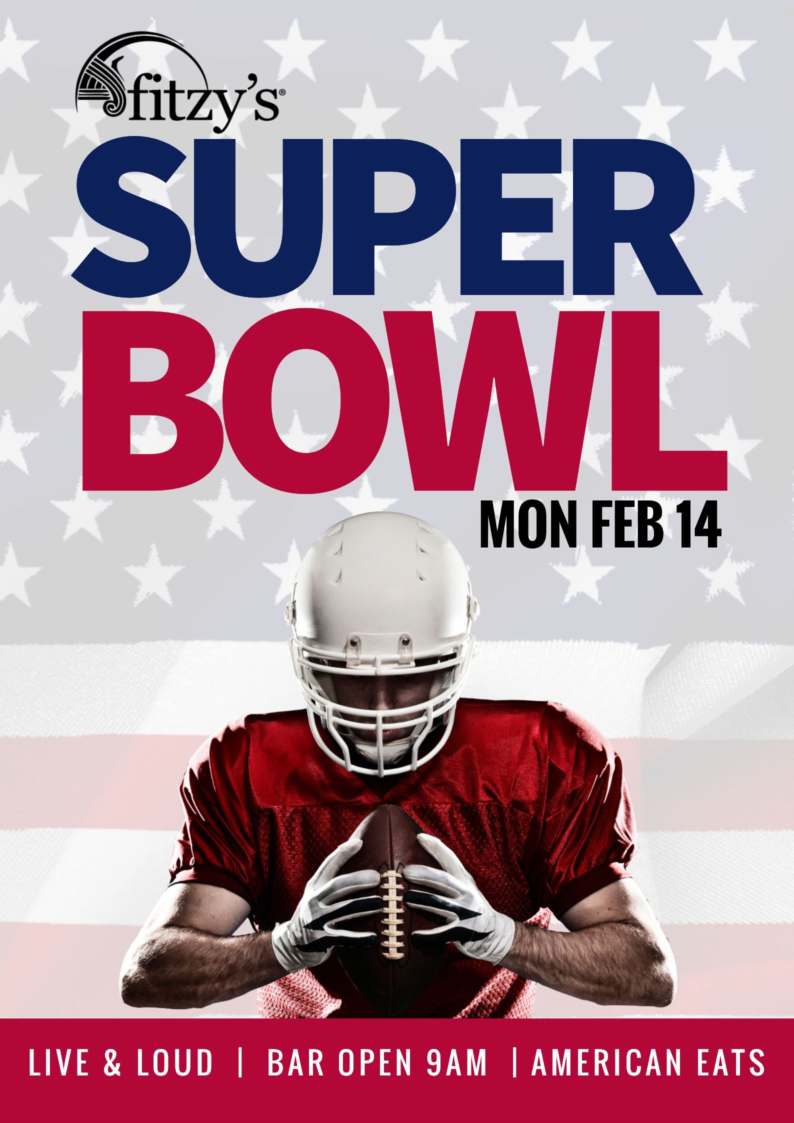 A poster for the super bowl shows a football player holding a football