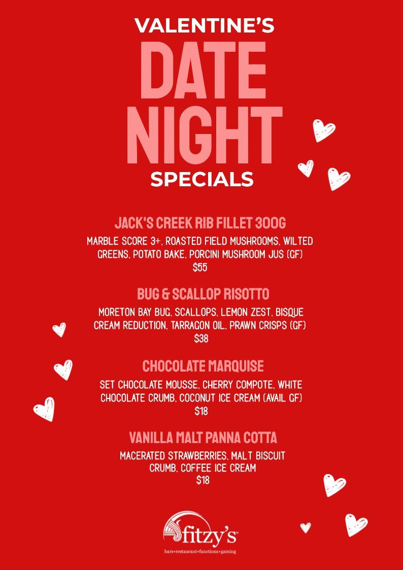 A poster for valentine 's date night specials at fitzy 's