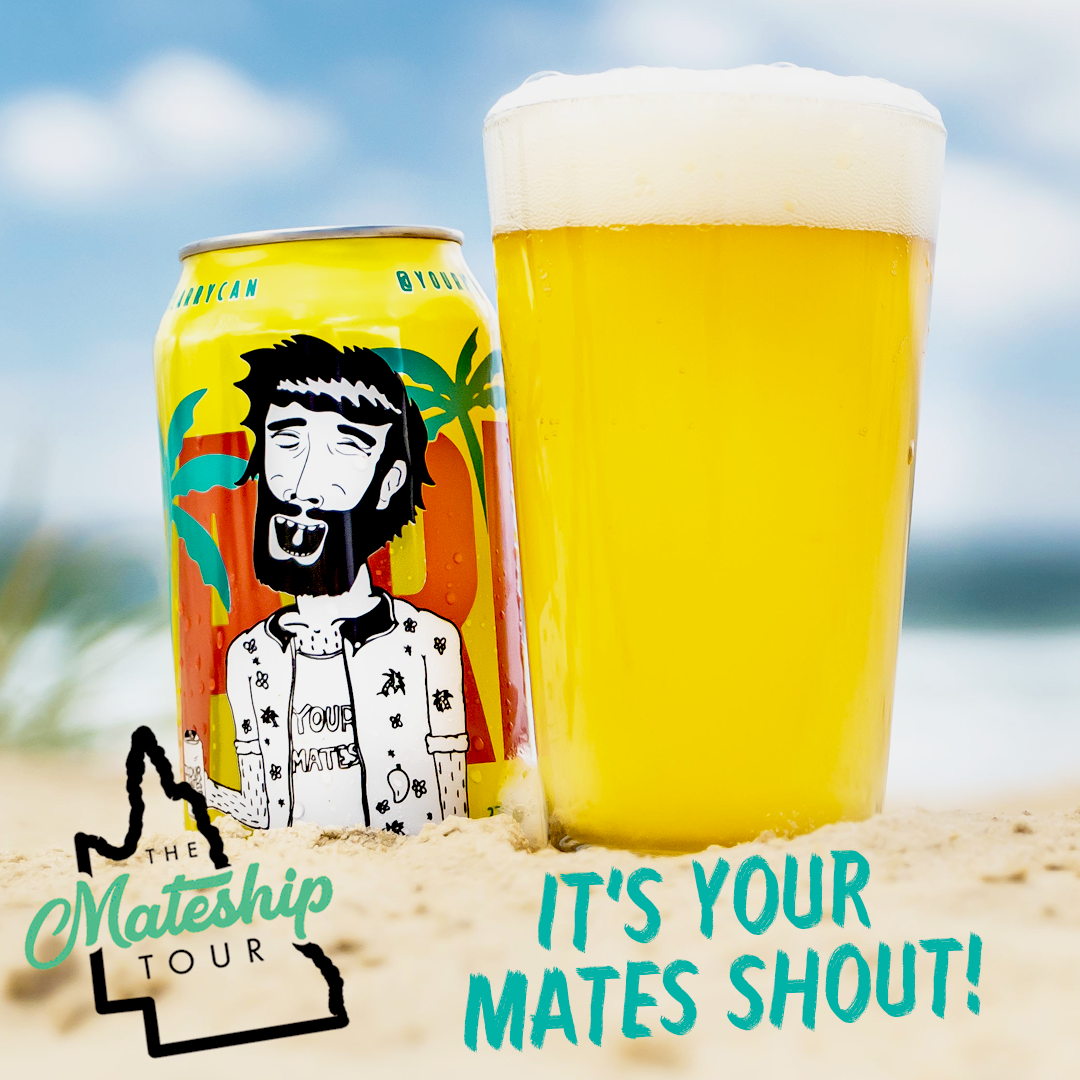 A can of beer and a glass of beer on a beach that says it 's your mates shout