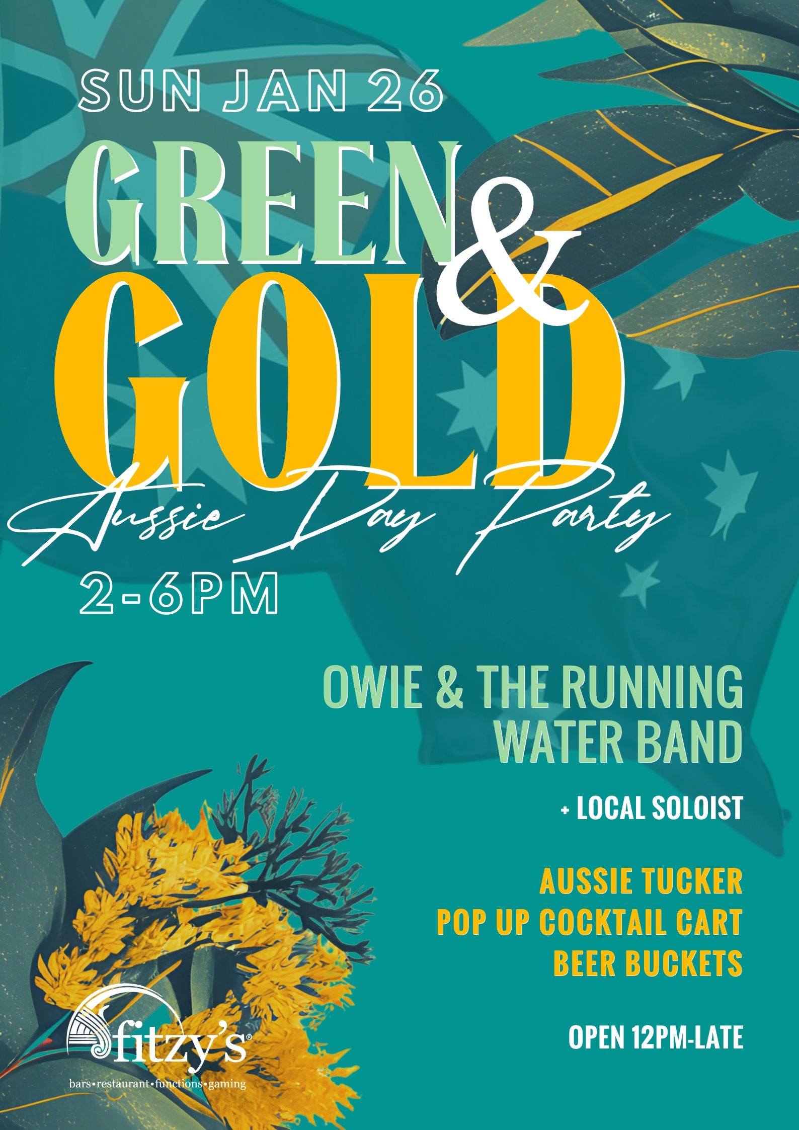 A poster for a green and gold party on january 26