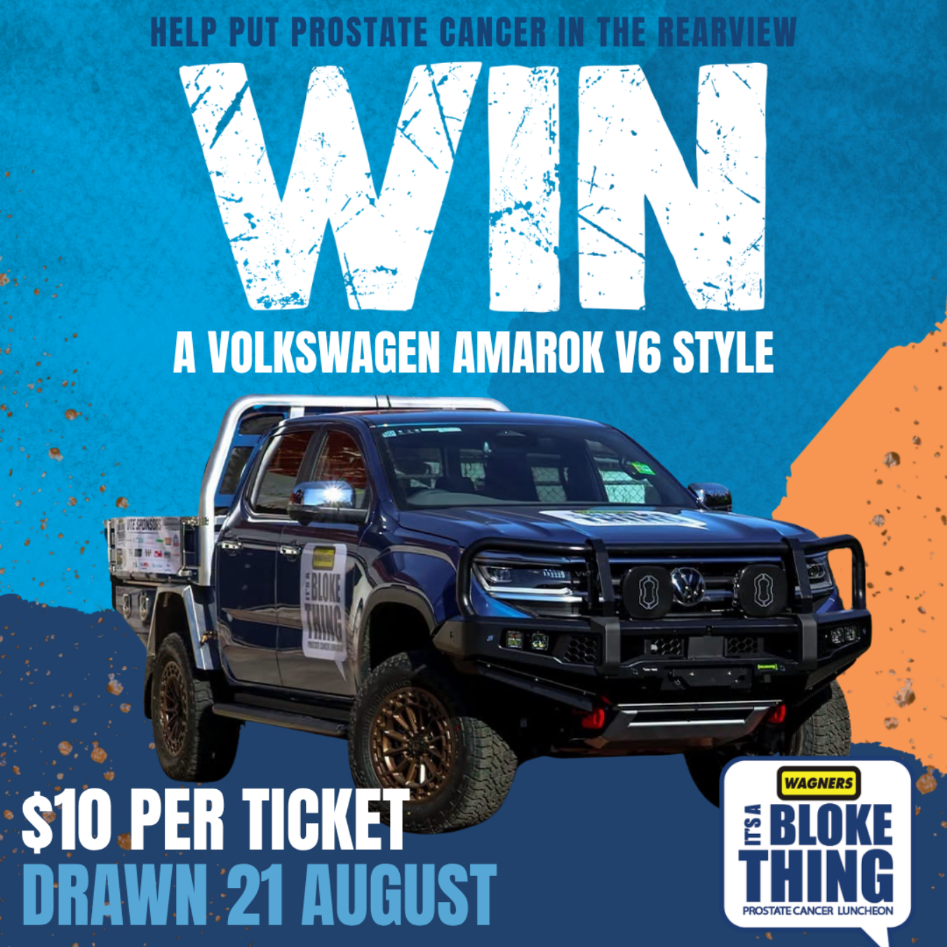 Promotional poster for a black Volkswagen Amarok raffle, $10 per ticket, drawn 21 August