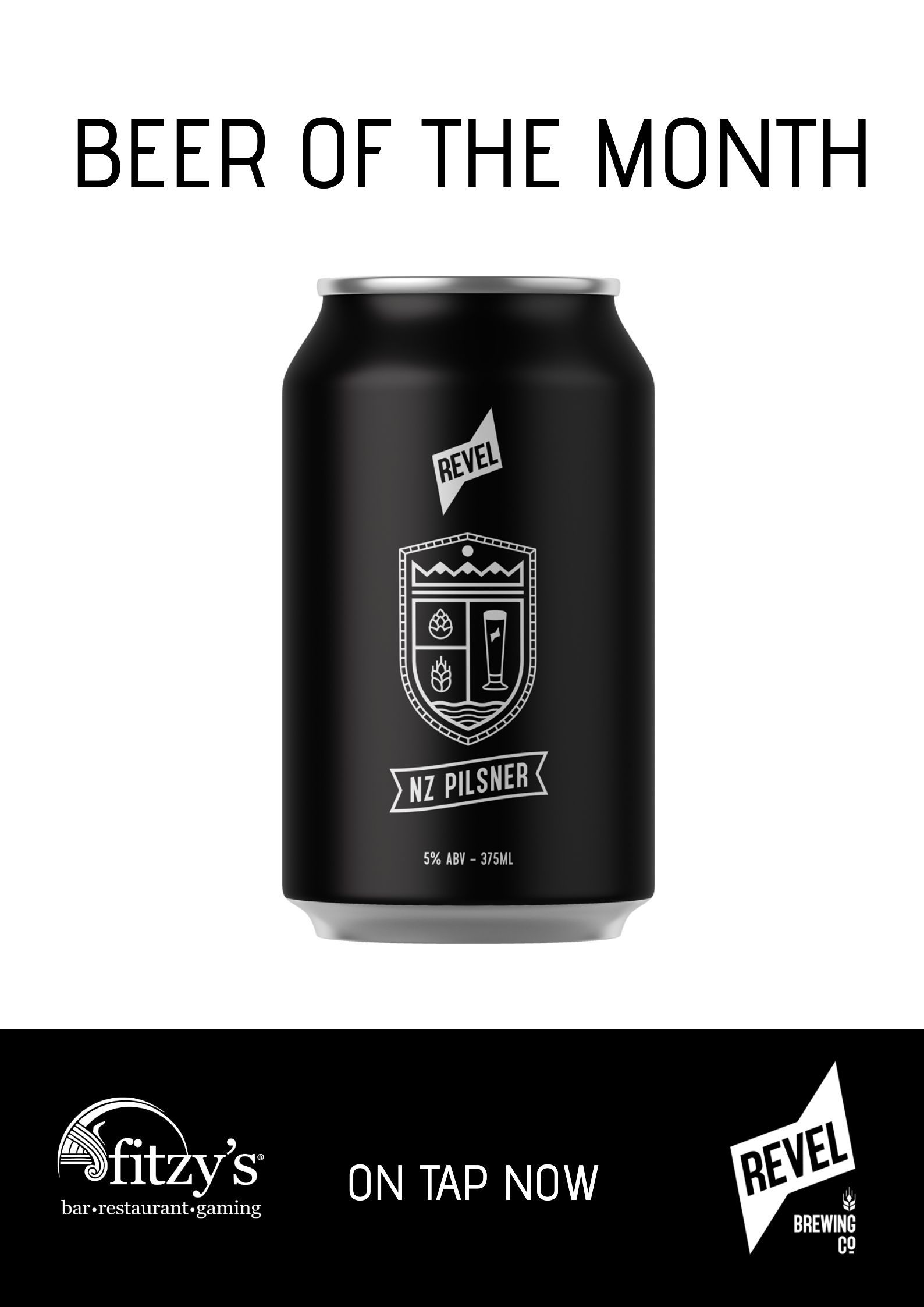 A black can of beer with the words `` beer of the month '' on it.