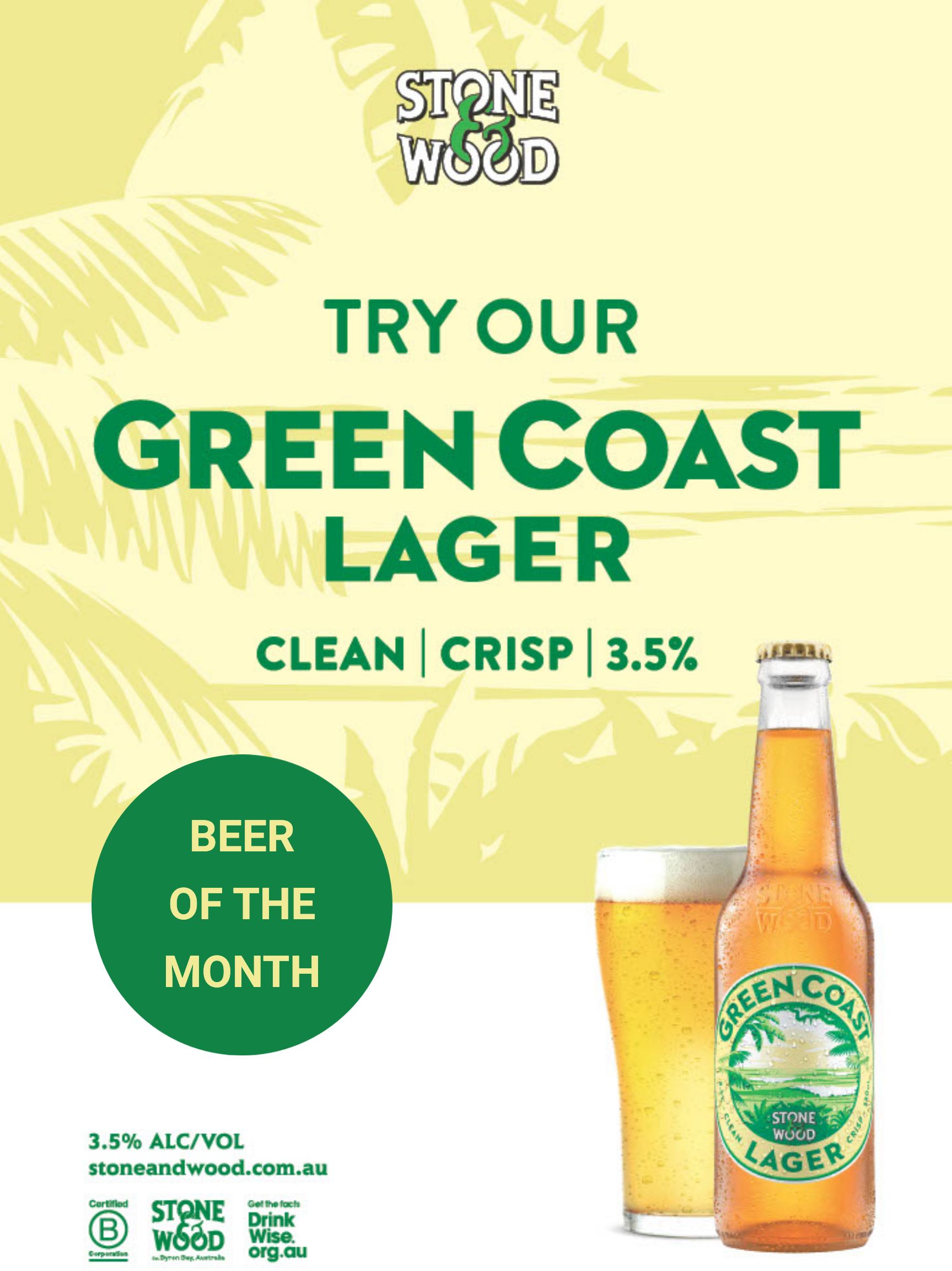 A poster that says try our green coast lager