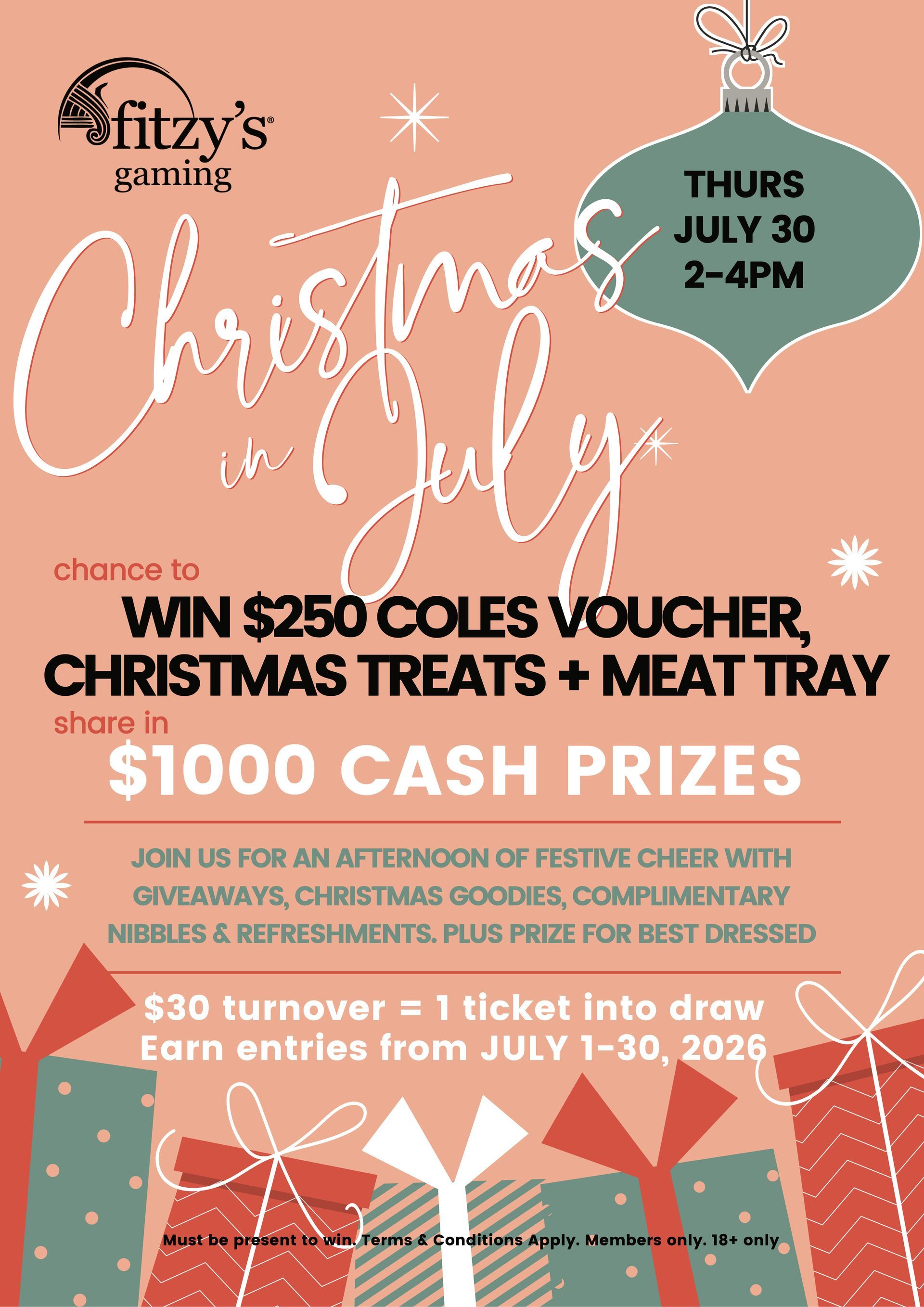 Christmas raffle poster for Fitzy’s Mining with prizes, date, and entry details on peach background