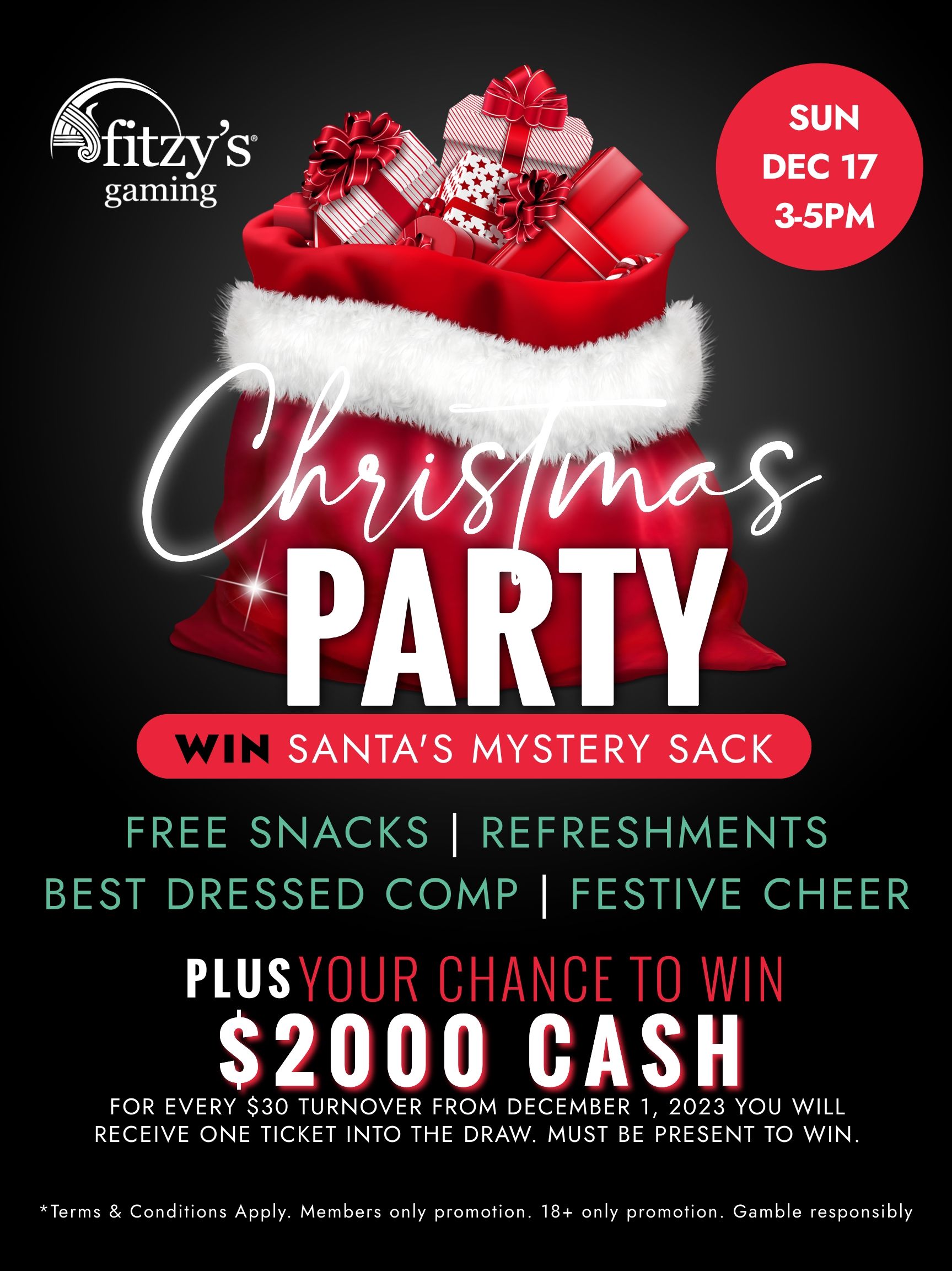 A poster for a christmas party with a santa hat on it