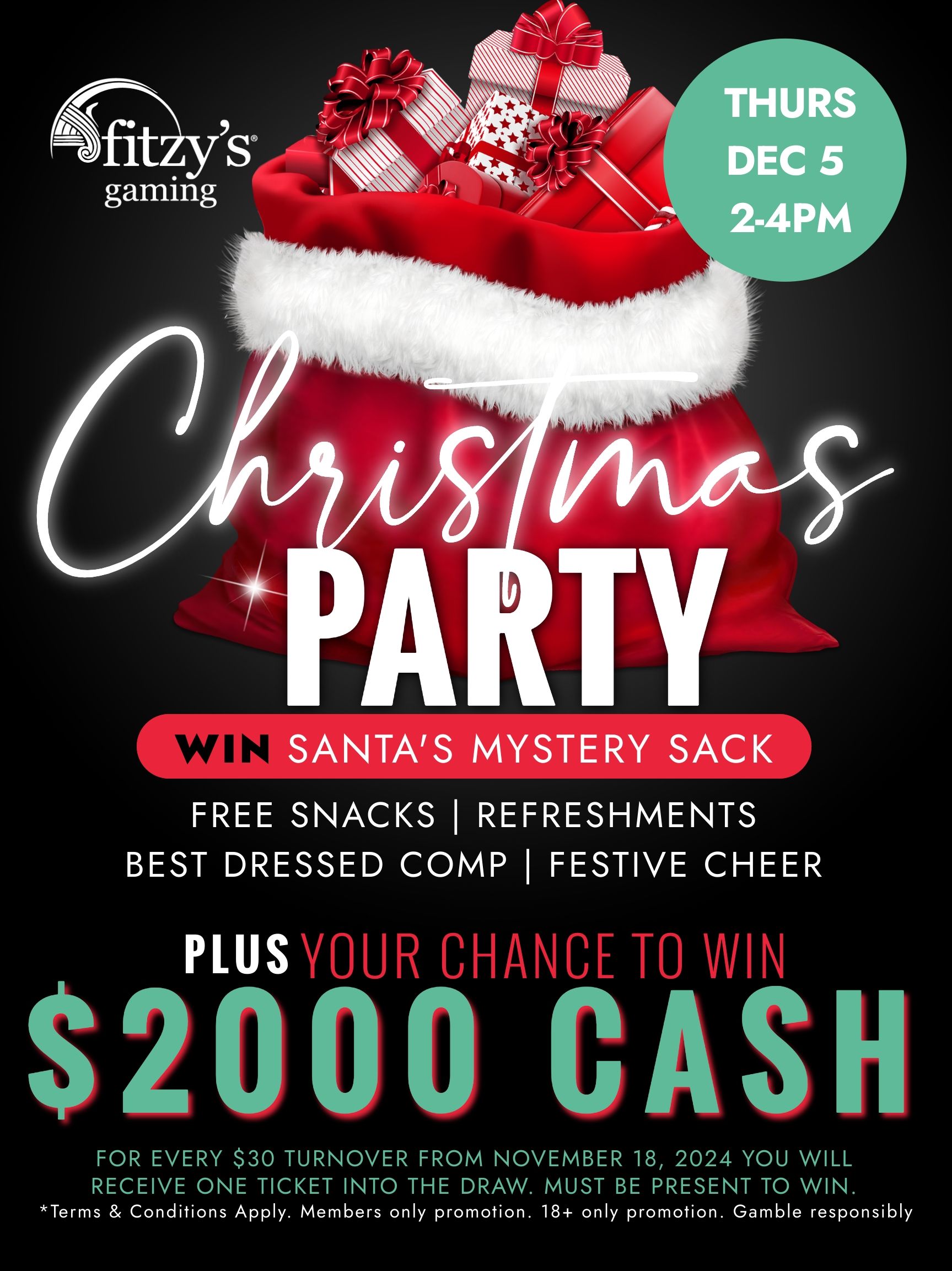 A poster for a christmas party with a santa hat on it