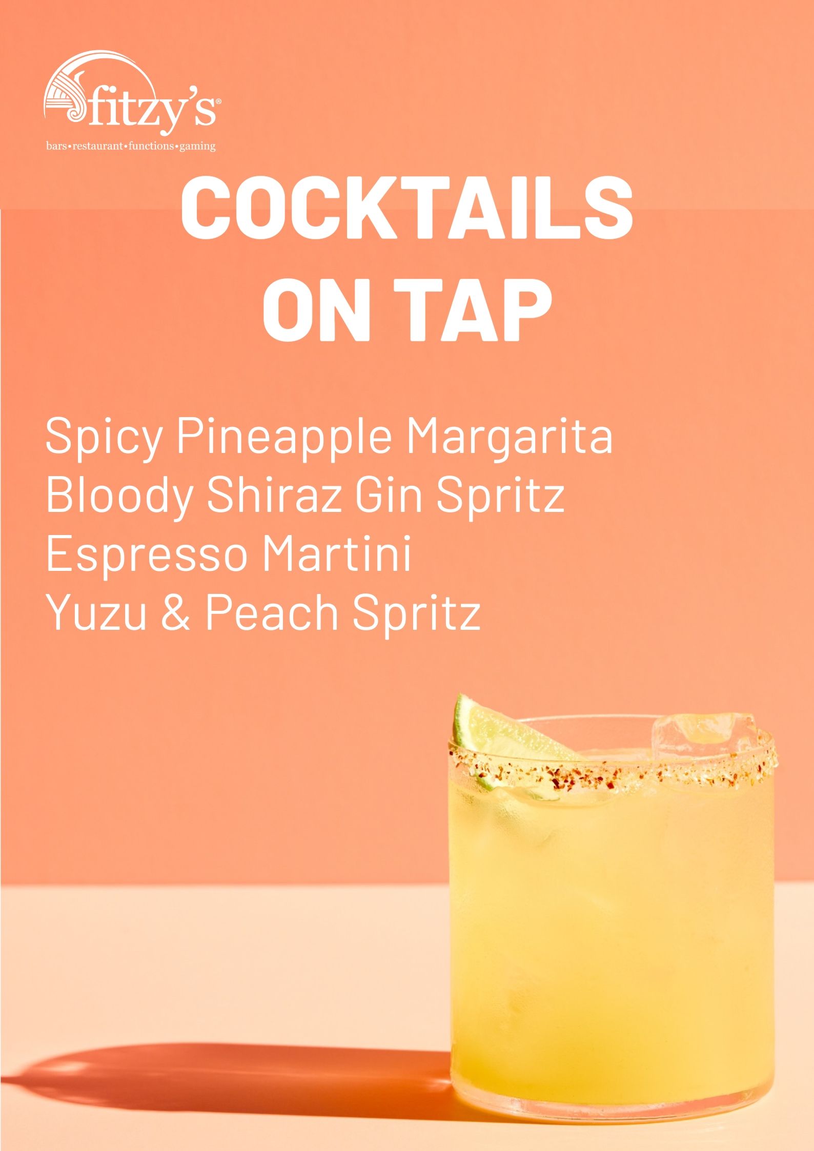 A poster for cocktails on tap with a drink in a glass on a table.