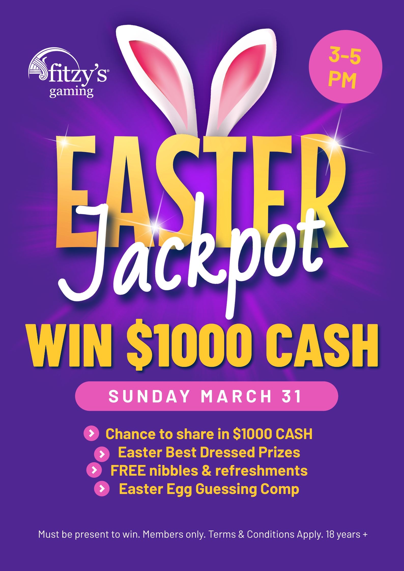 A purple poster with bunny ears and the words `` easter jackpot win $ 1000 cash ''