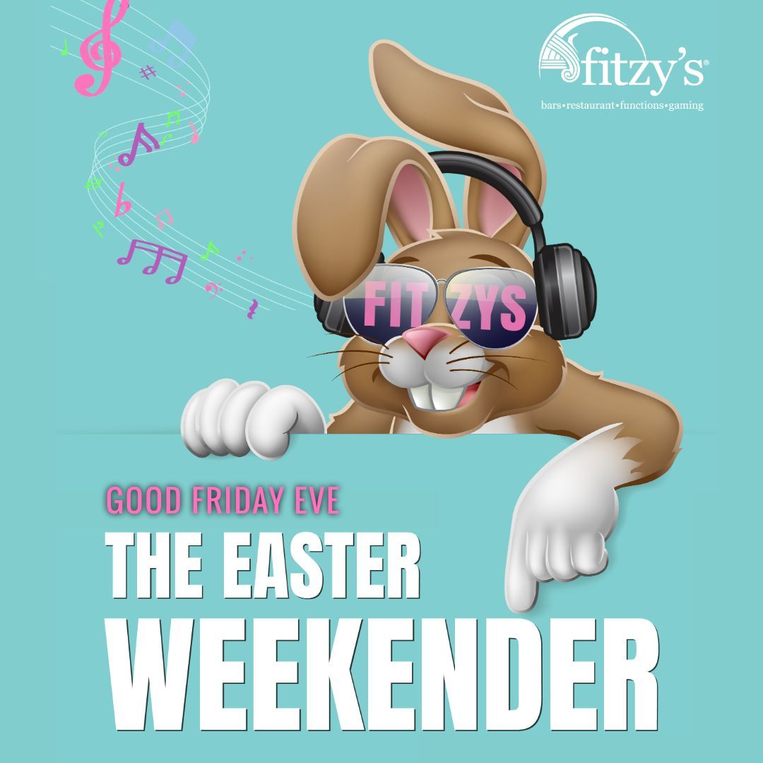 An easter weekender poster with a bunny wearing sunglasses and headphones