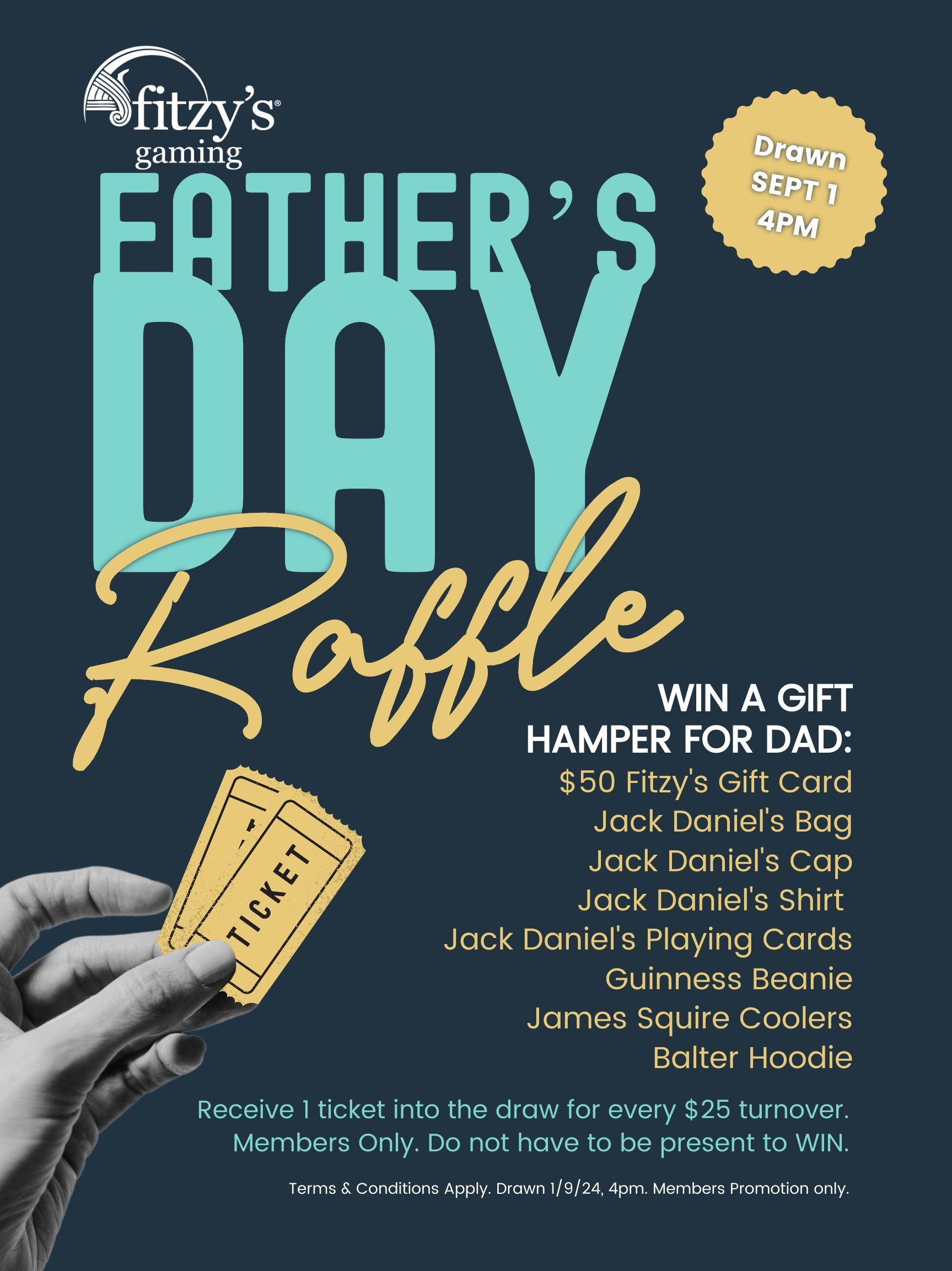 A poster for a father 's day raffle with a person holding a ticket