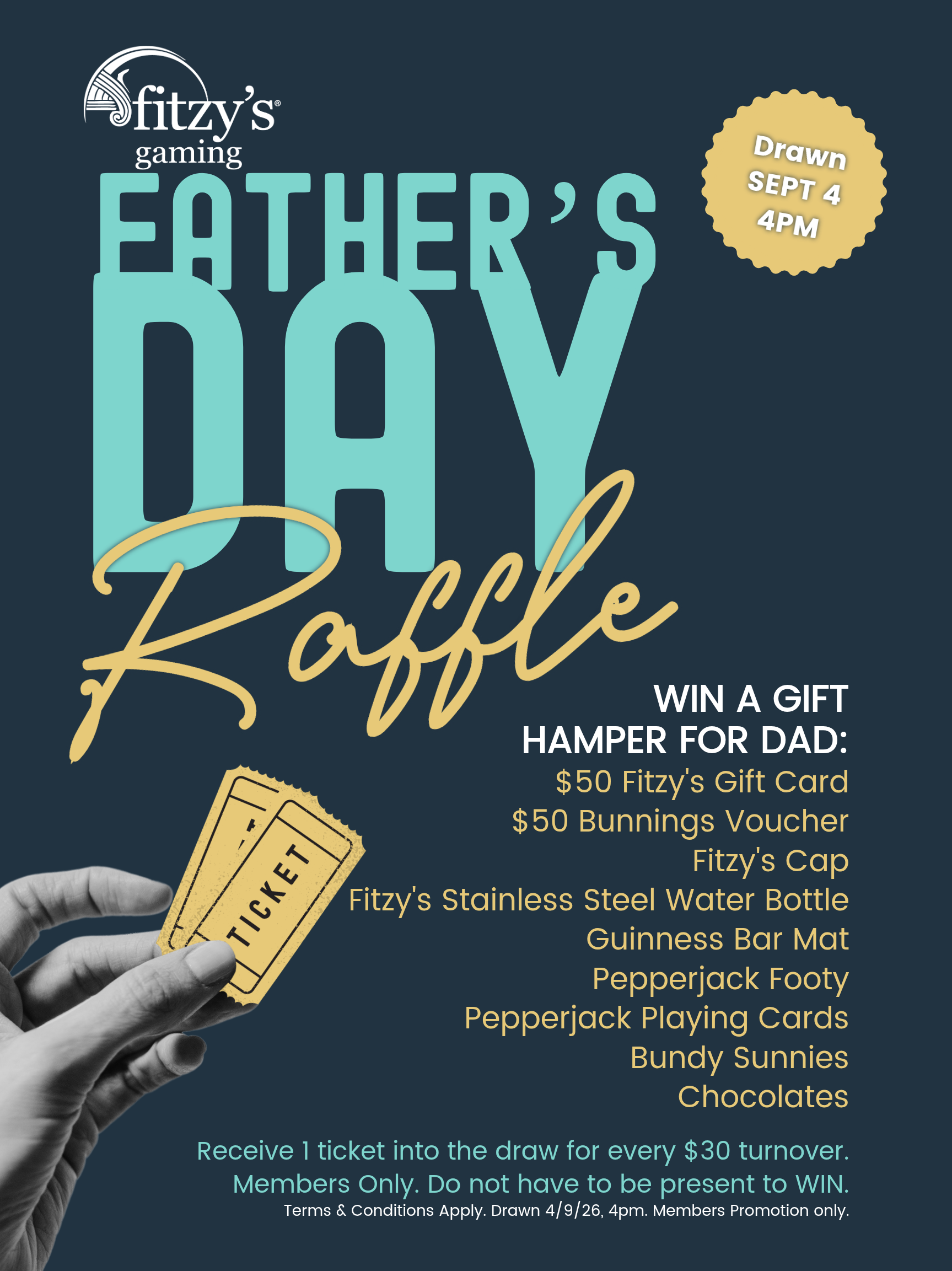 A poster for a father 's day raffle with a person holding a ticket