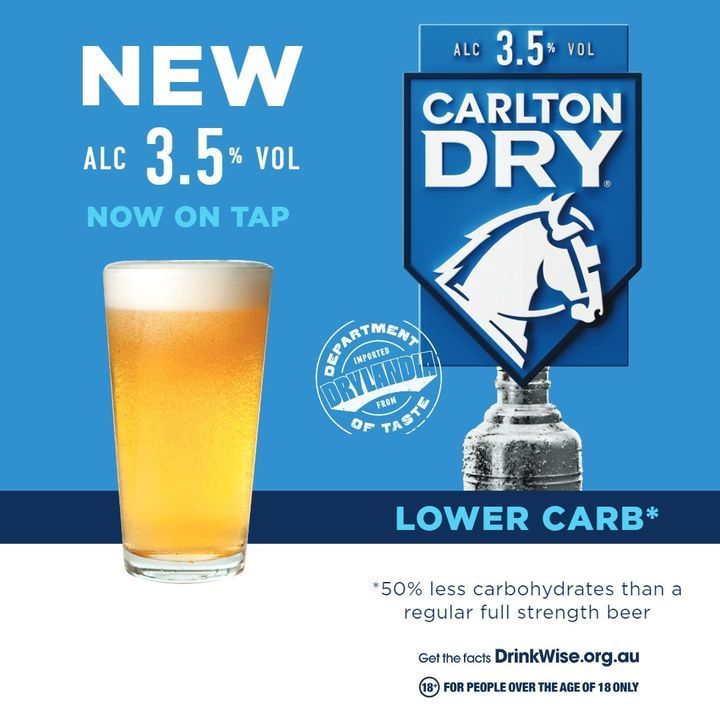 A glass of beer with NEW Carlton Dry 3.5 written on it