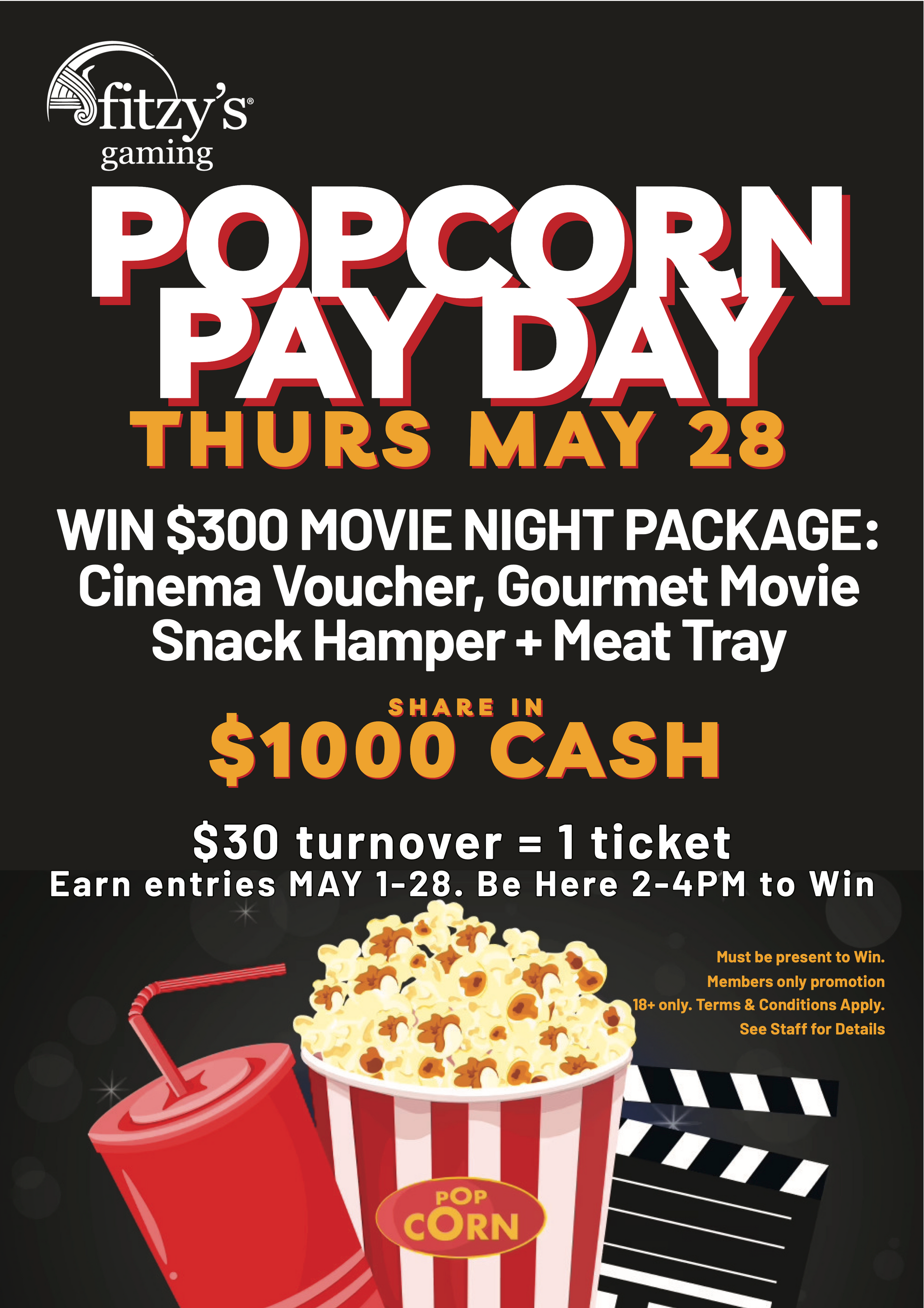 Easter event flyer for Fitzy's, held Thursday, April 30 from 2-4 PM, featuring $1000 cash and a gourmet Easter hamper prize.